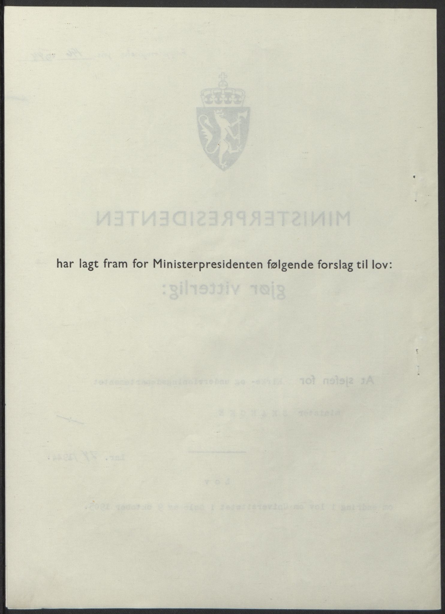 NS-administrasjonen 1940-1945 (Statsrådsekretariatet, de kommisariske statsråder mm), AV/RA-S-4279/D/Db/L0100: Lover, 1944, p. 351