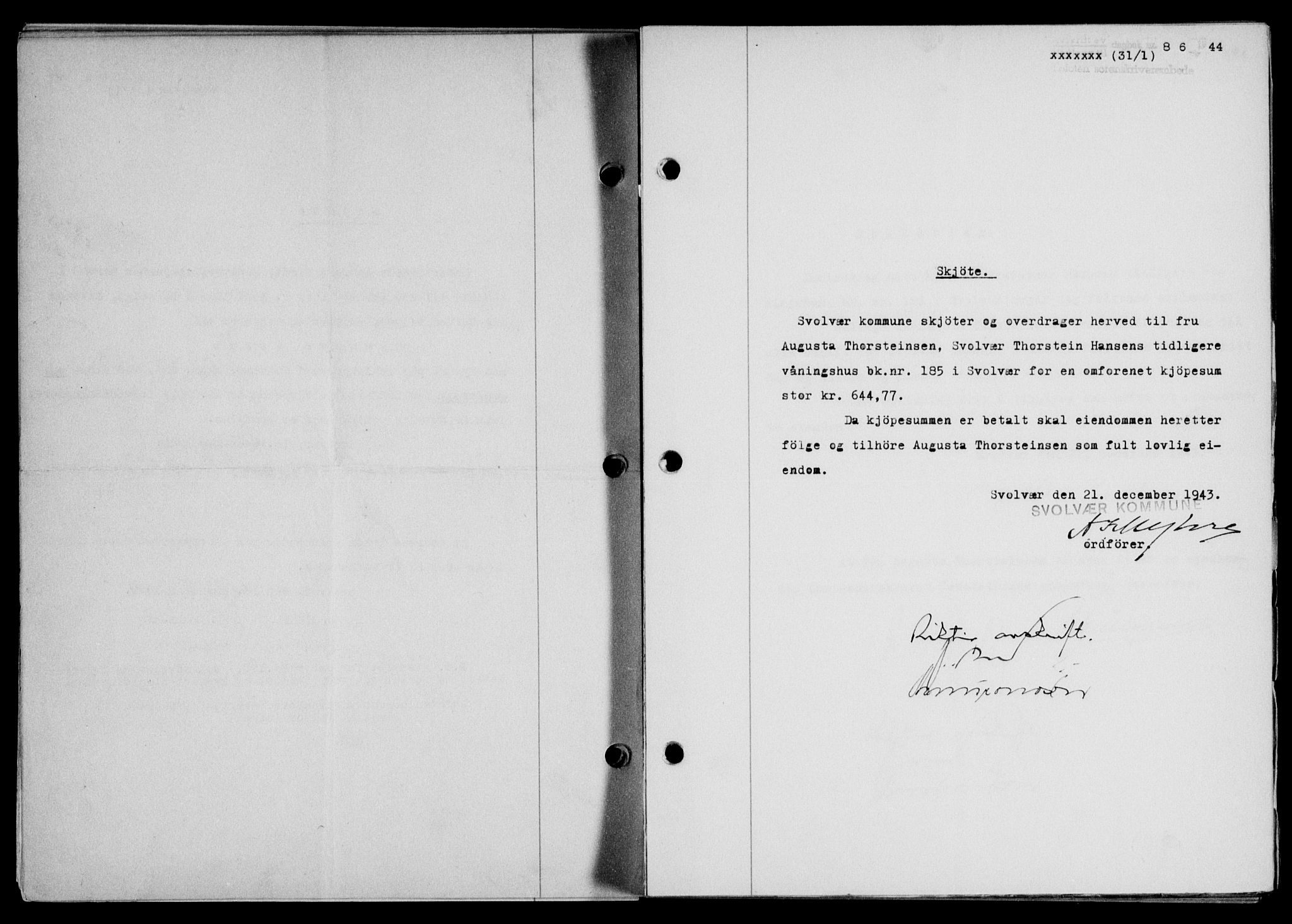 Lofoten sorenskriveri, SAT/A-0017/1/2/2C/L0012a: Mortgage book no. 12a, 1943-1944, Diary no: : 86/1944