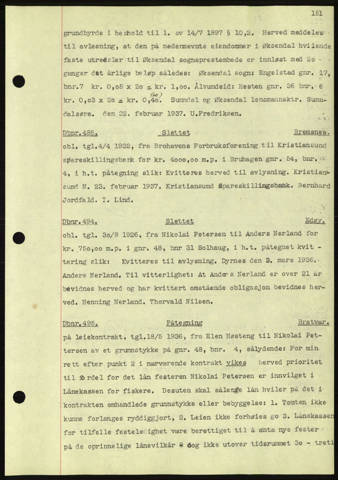 Nordmøre sorenskriveri, AV/SAT-A-4132/1/2/2Ca: Mortgage book no. C80, 1936-1939, Diary no: : 485/1937