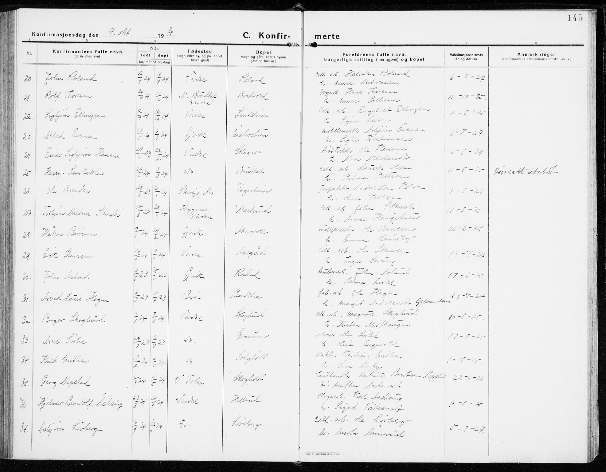 Vardal prestekontor, AV/SAH-PREST-100/H/Ha/Haa/L0018: Parish register (official) no. 18, 1930-1945, p. 145