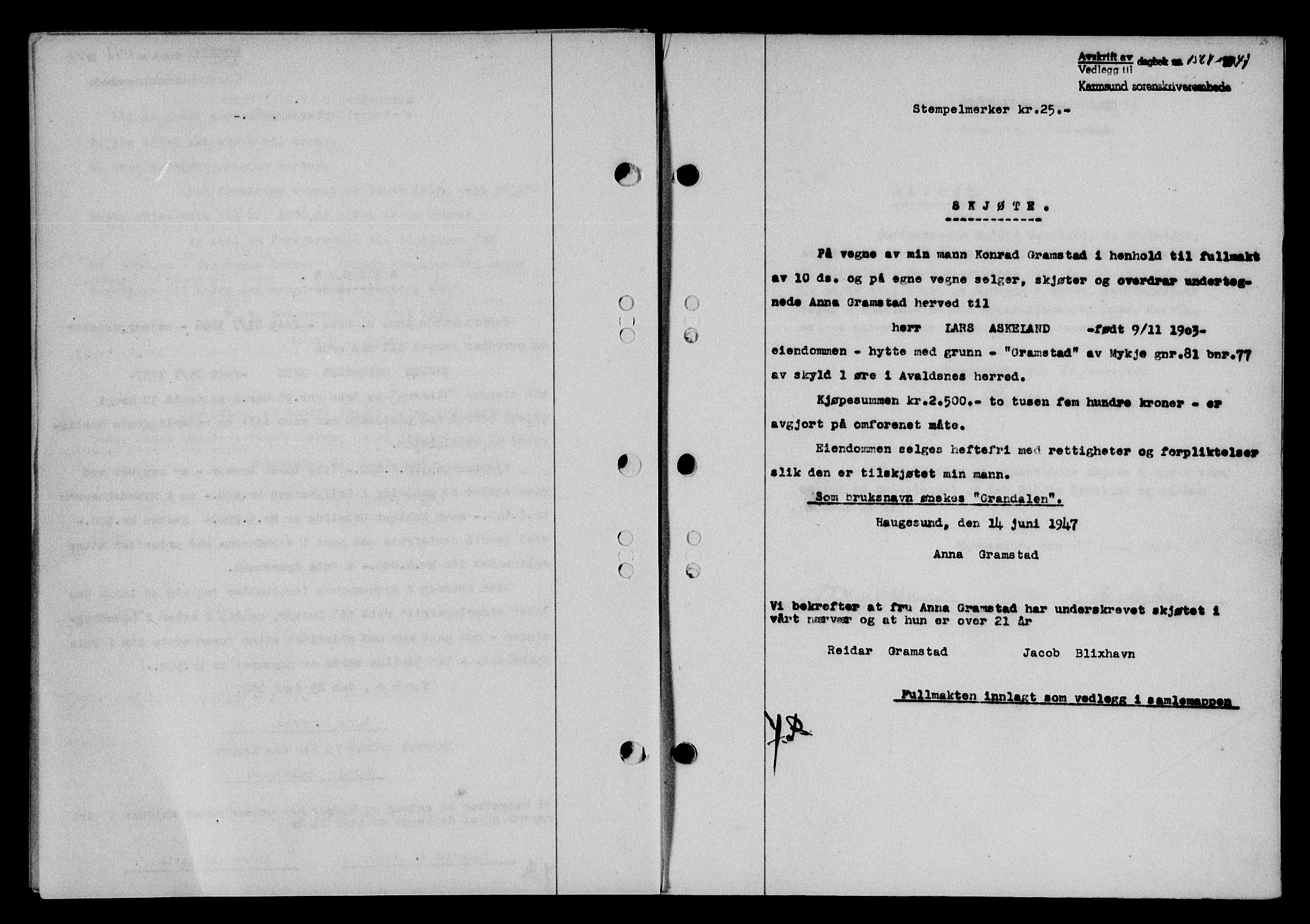 Karmsund sorenskriveri, SAST/A-100311/01/II/IIB/L0090: Mortgage book no. 70A, 1947-1947, Diary no: : 1564/1947
