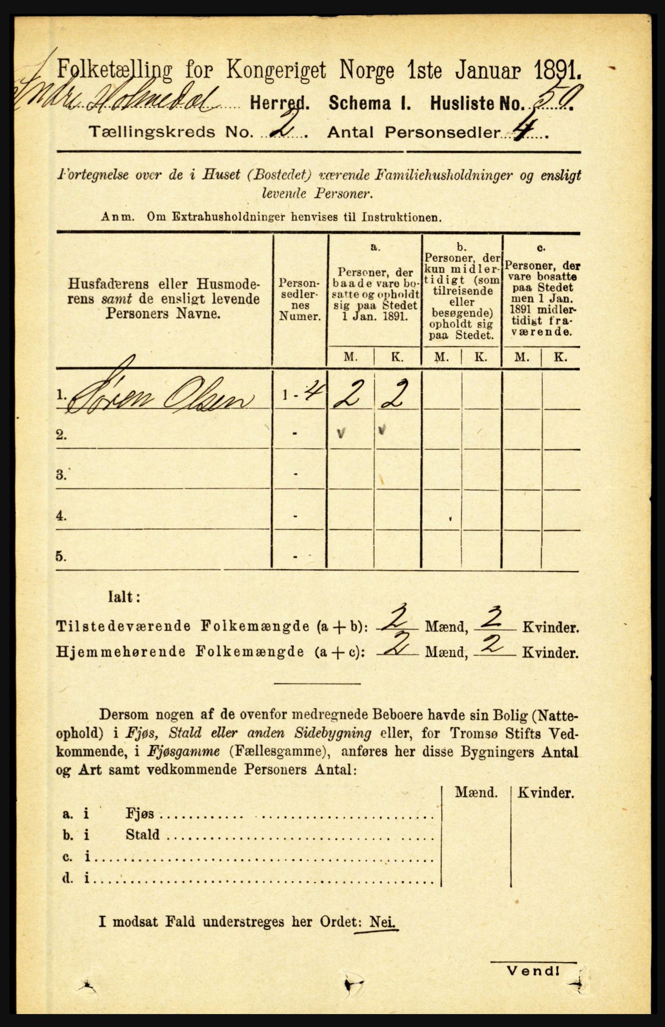 RA, 1891 census for 1430 Indre Holmedal, 1891, p. 451