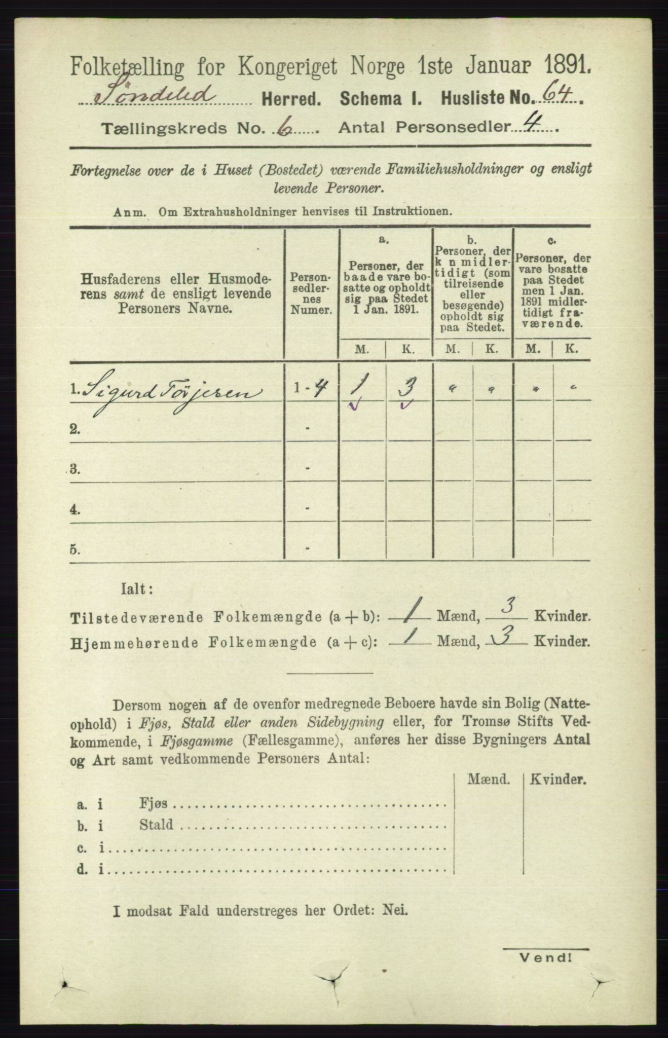 RA, 1891 census for 0913 Søndeled, 1891, p. 1805