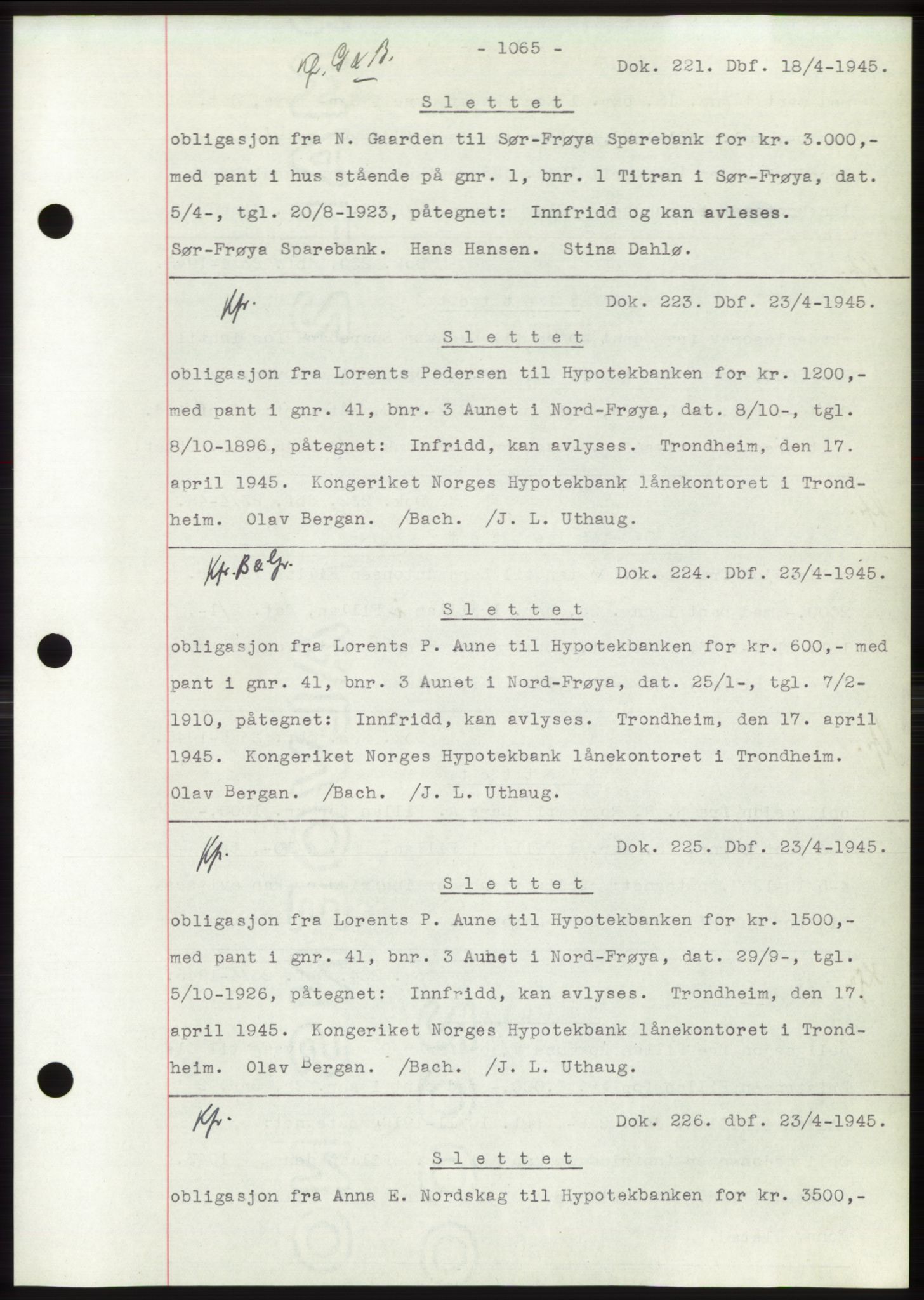 Hitra sorenskriveri, AV/SAT-A-0018/2/2C/2Ca: Mortgage book no. C1, 1936-1945, Diary no: : 221/1945