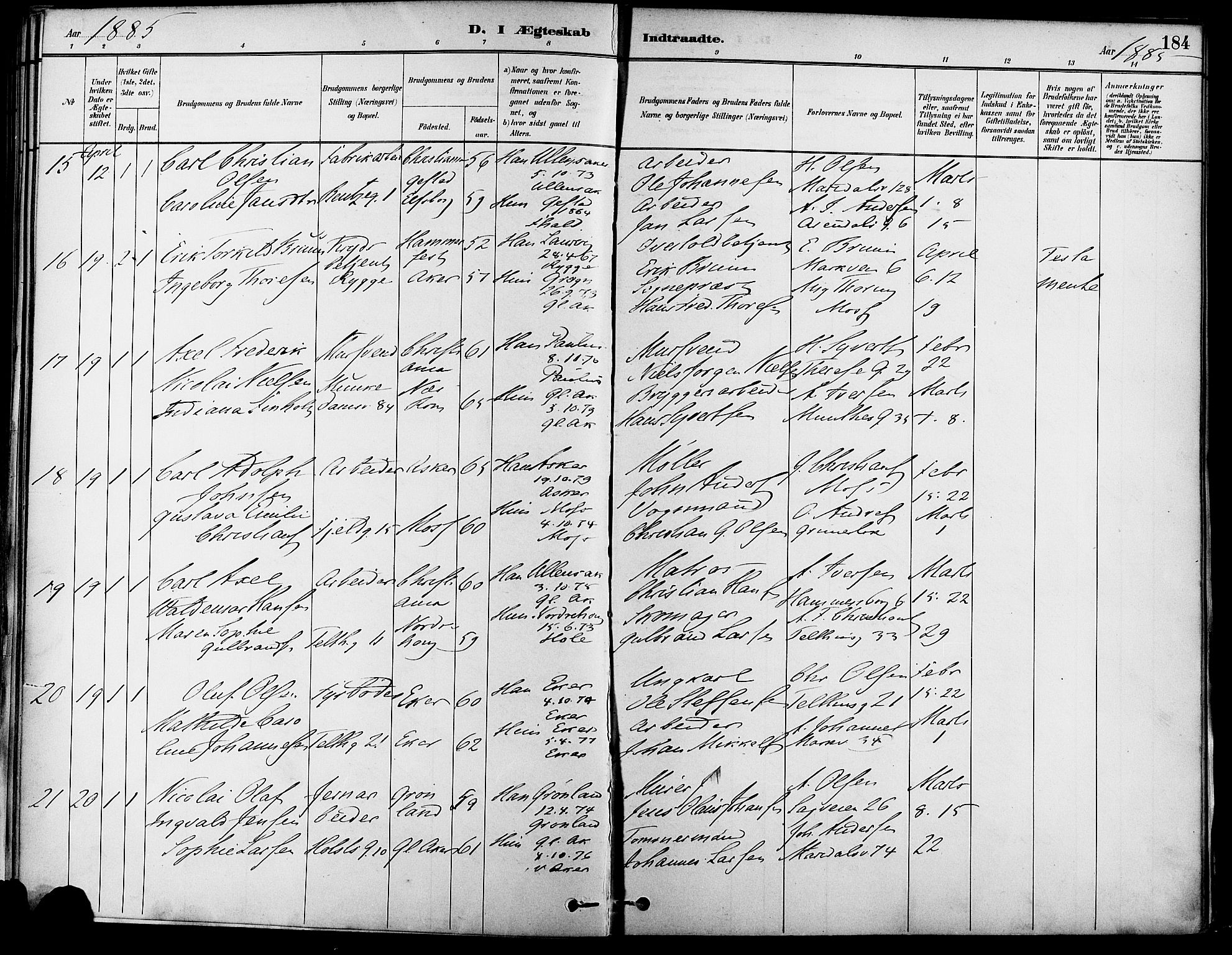 Gamle Aker prestekontor Kirkebøker, SAO/A-10617a/F/L0007: Parish register (official) no. 7, 1882-1890, p. 184