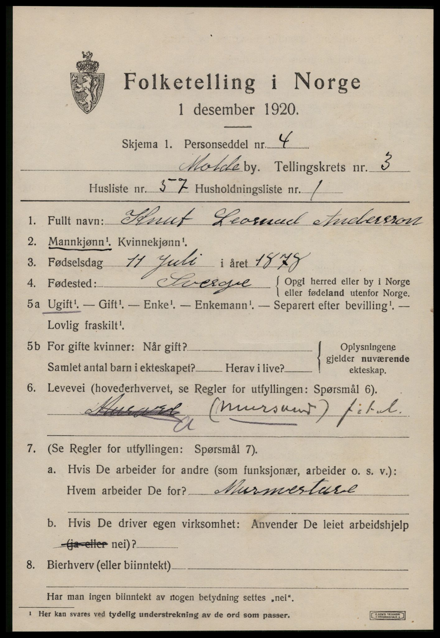 SAT, 1920 census for Molde, 1920, p. 4557