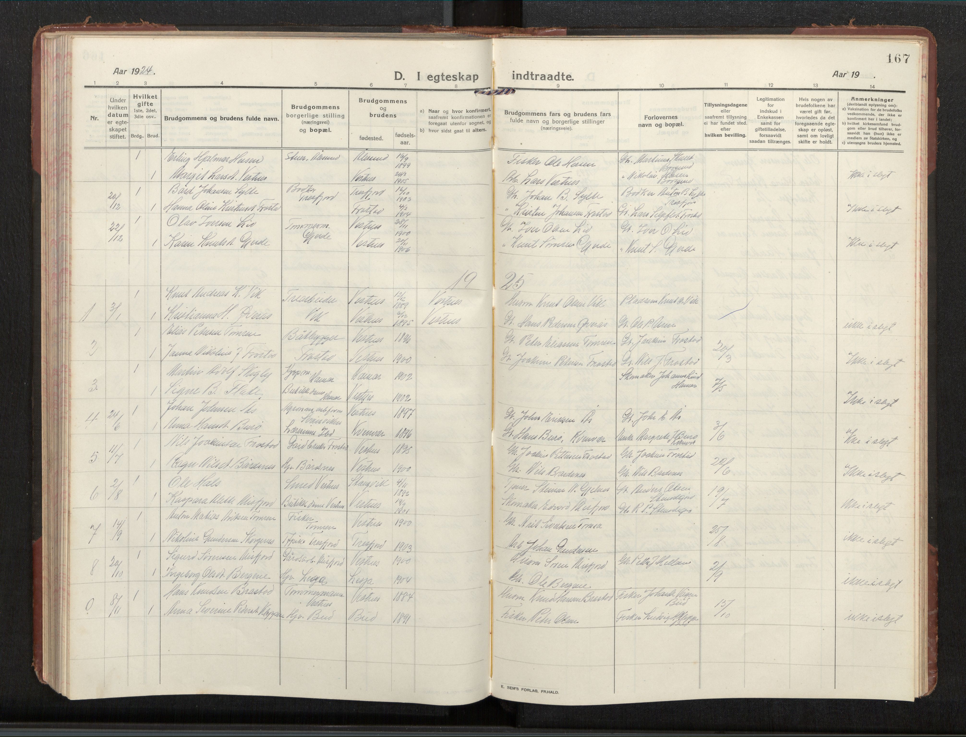 Ministerialprotokoller, klokkerbøker og fødselsregistre - Møre og Romsdal, SAT/A-1454/539/L0536a: Parish register (copy) no. 539C03, 1912-1936, p. 167