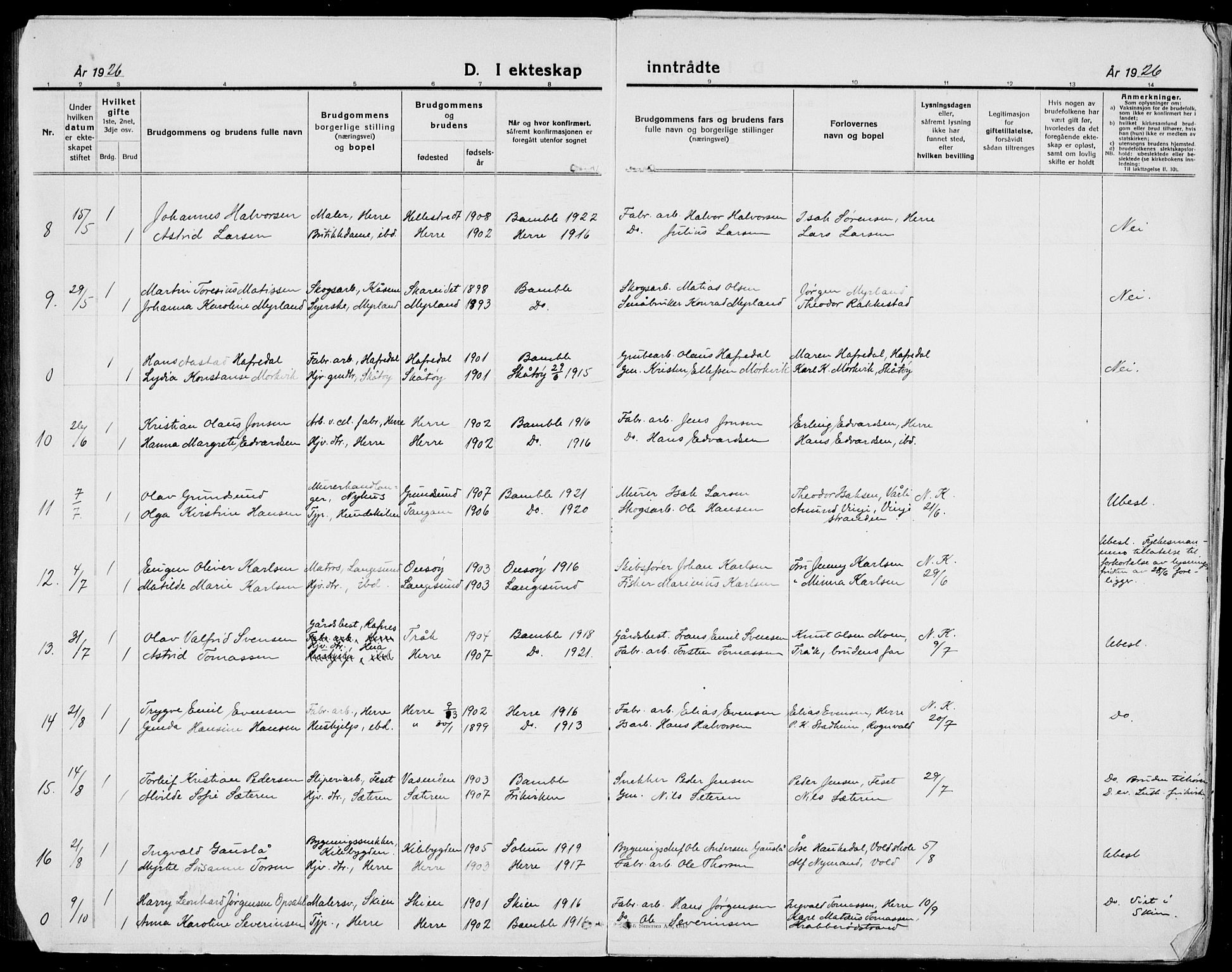 Bamble kirkebøker, AV/SAKO-A-253/G/Ga/L0011: Parish register (copy) no. I 11, 1920-1935