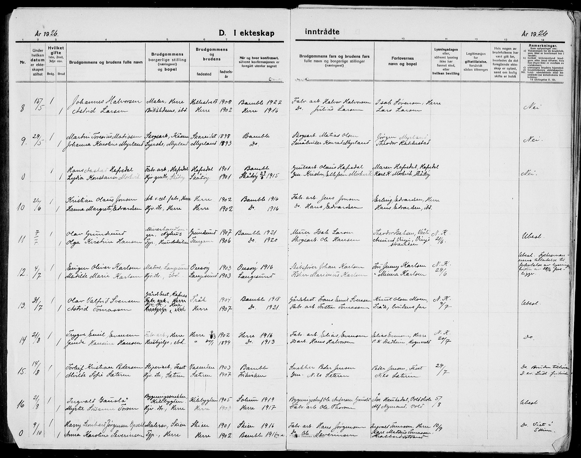 Bamble kirkebøker, SAKO/A-253/G/Ga/L0011: Parish register (copy) no. I 11, 1920-1935