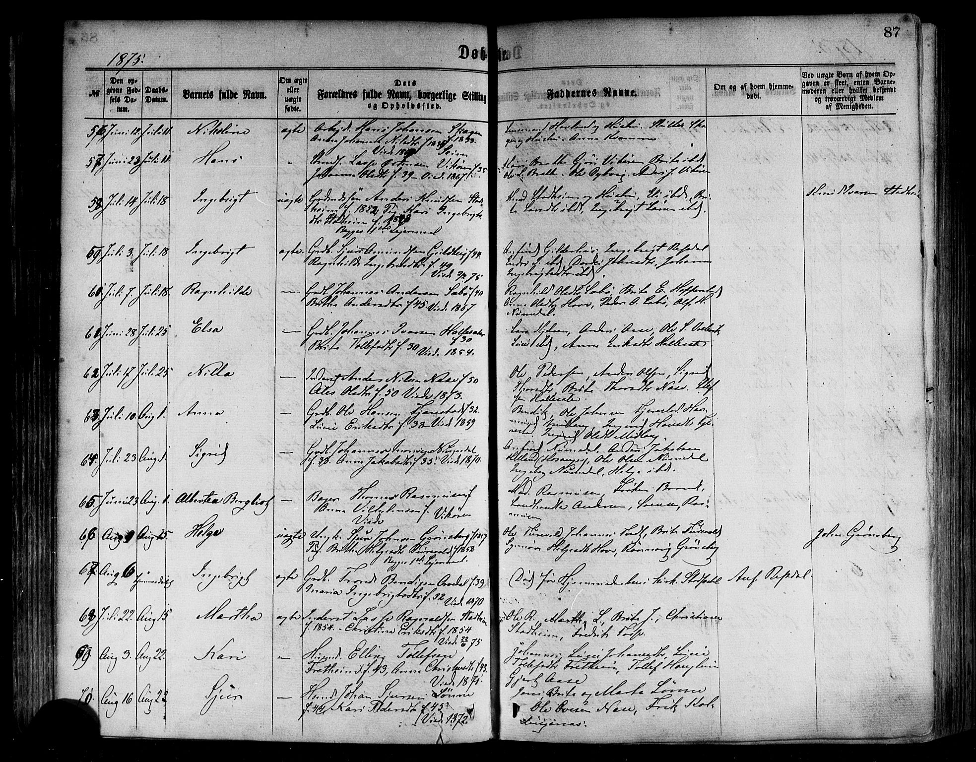 Vik sokneprestembete, AV/SAB-A-81501/H/Haa/Haaa/L0009: Parish register (official) no. A 9, 1866-1877, p. 87