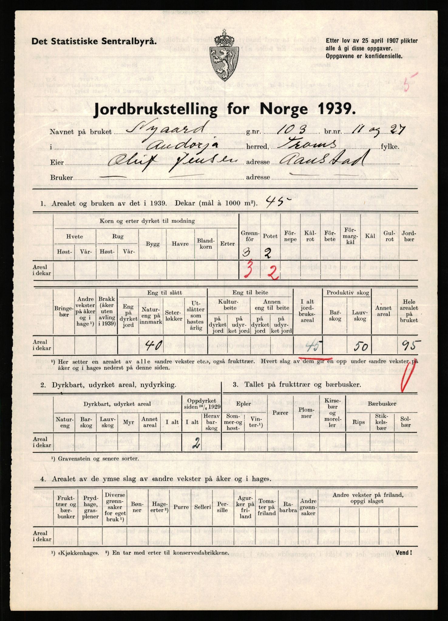 Statistisk sentralbyrå, Næringsøkonomiske emner, Jordbruk, skogbruk, jakt, fiske og fangst, AV/RA-S-2234/G/Gb/L0339: Troms: Andørja, Astafjord og Lavangen, 1939, p. 758