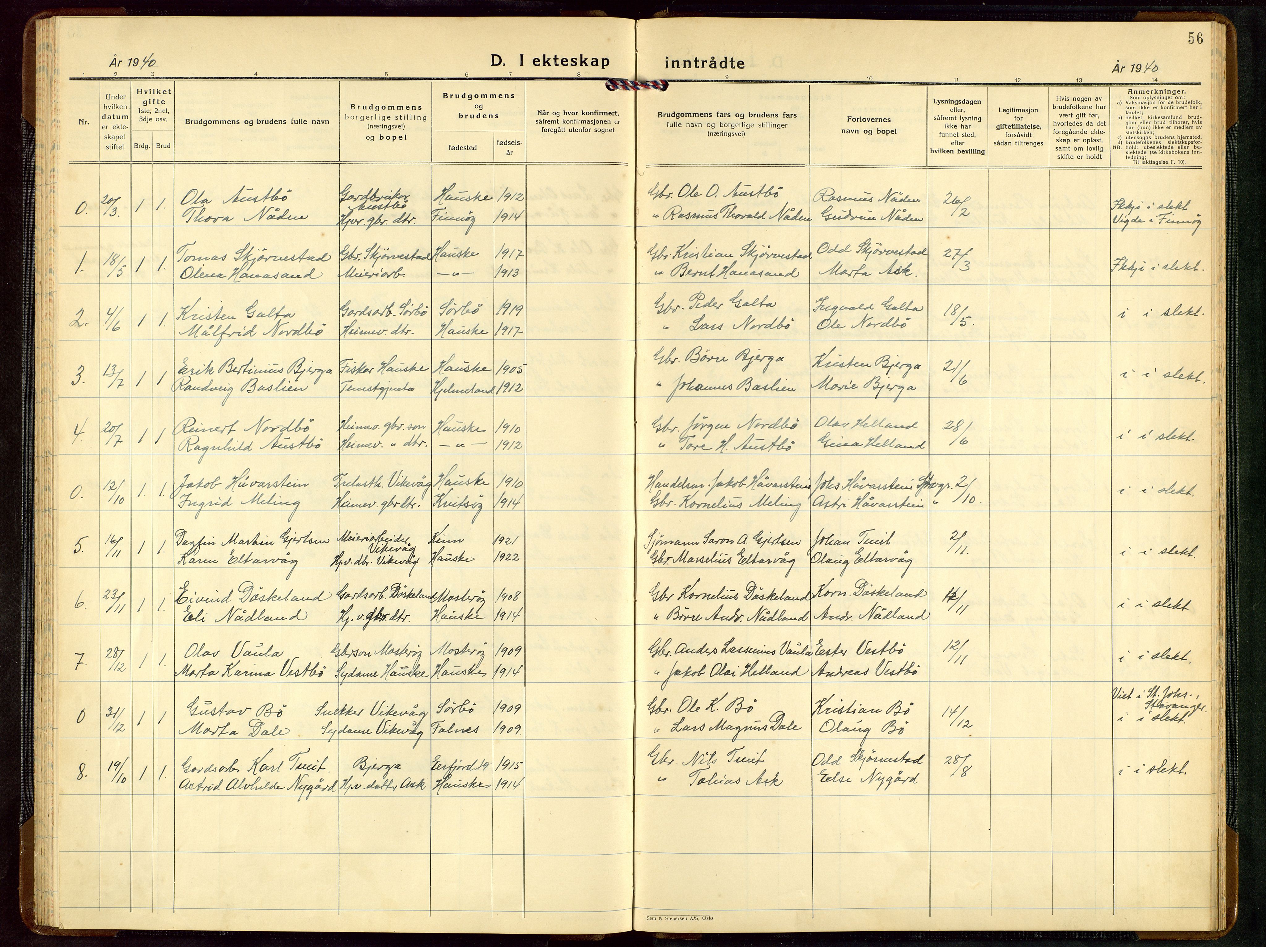 Rennesøy sokneprestkontor, AV/SAST-A -101827/H/Ha/Hab/L0018: Parish register (copy) no. B 17, 1938-1952, p. 56