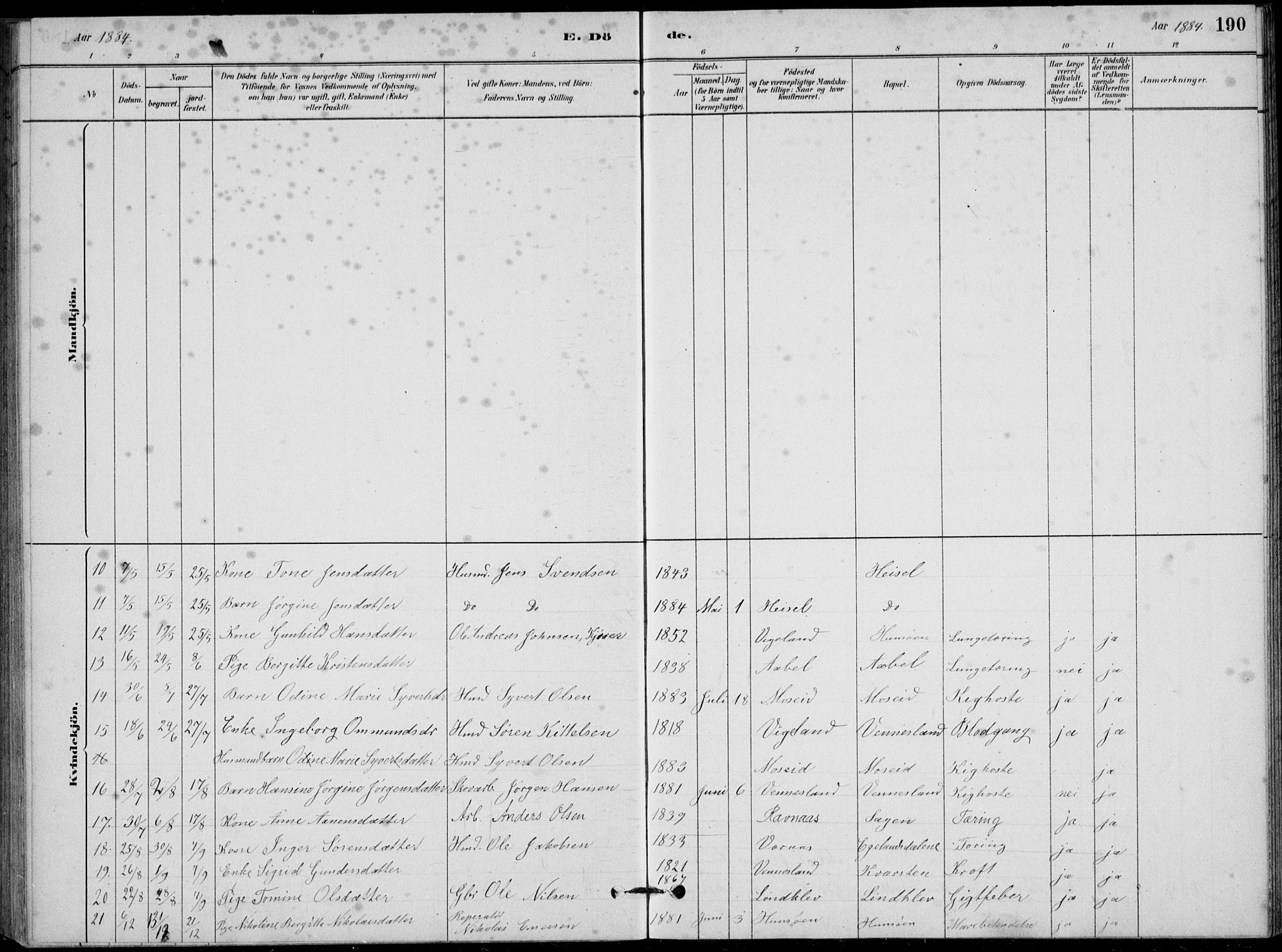 Vennesla sokneprestkontor, AV/SAK-1111-0045/Fb/Fbb/L0003: Parish register (copy) no. B 3, 1879-1893, p. 190