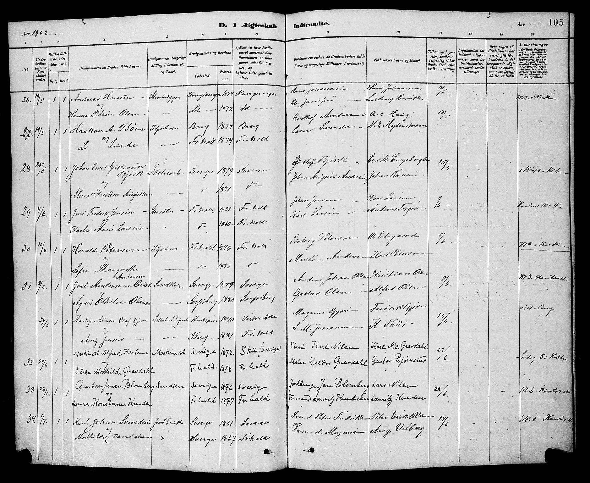 Halden prestekontor Kirkebøker, AV/SAO-A-10909/G/Ga/L0009: Parish register (copy) no. 9, 1885-1908, p. 105