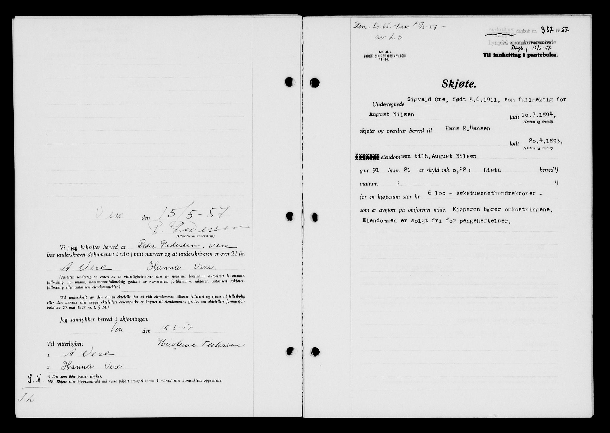 Lyngdal sorenskriveri, AV/SAK-1221-0004/G/Gb/L0676: Mortgage book no. A XXII, 1957-1957, Diary no: : 357/1957