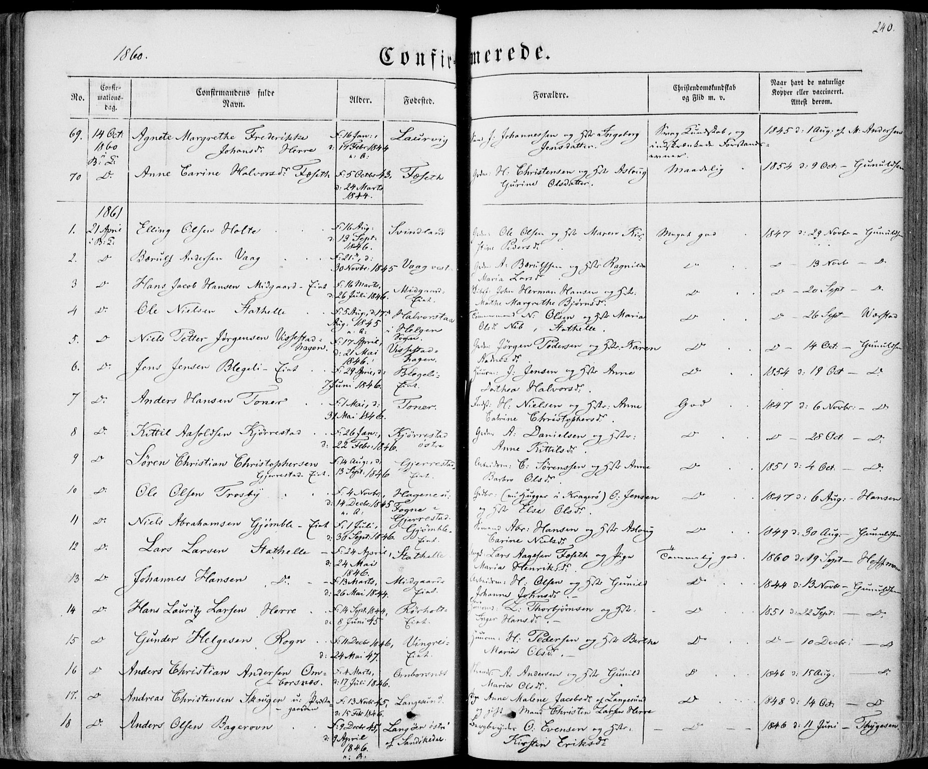 Bamble kirkebøker, SAKO/A-253/F/Fa/L0005: Parish register (official) no. I 5, 1854-1869, p. 240