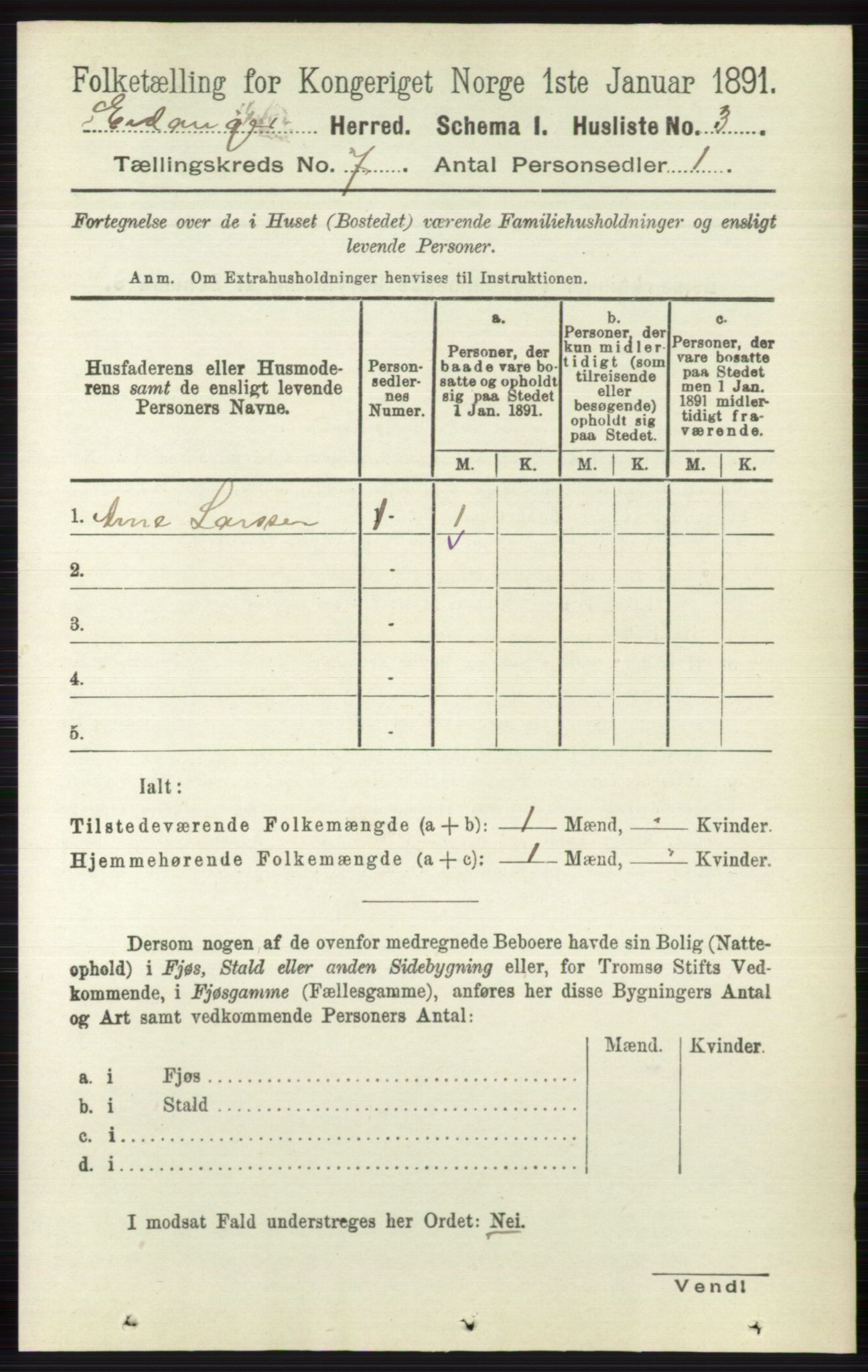 RA, 1891 census for 0813 Eidanger, 1891, p. 2729