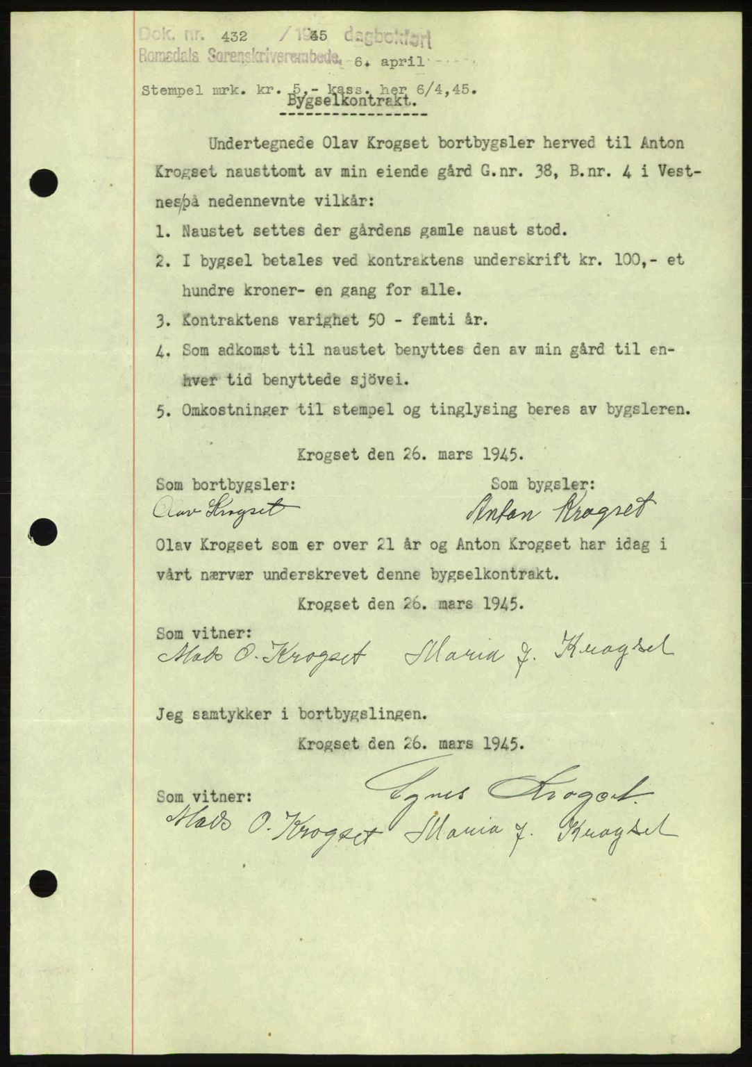 Romsdal sorenskriveri, AV/SAT-A-4149/1/2/2C: Mortgage book no. A17, 1944-1945, Diary no: : 432/1945