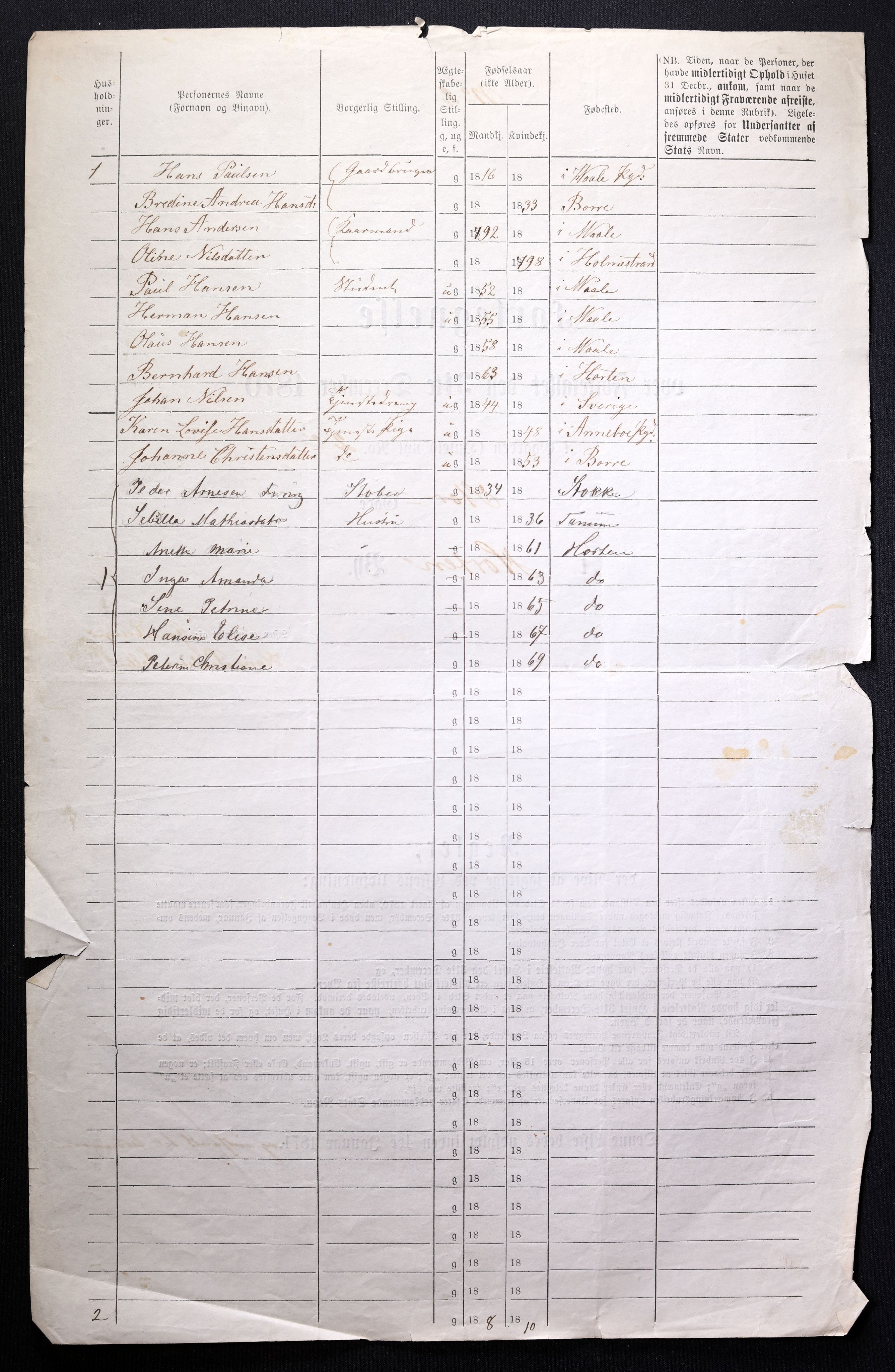 RA, 1870 census for 0703 Horten, 1870, p. 6