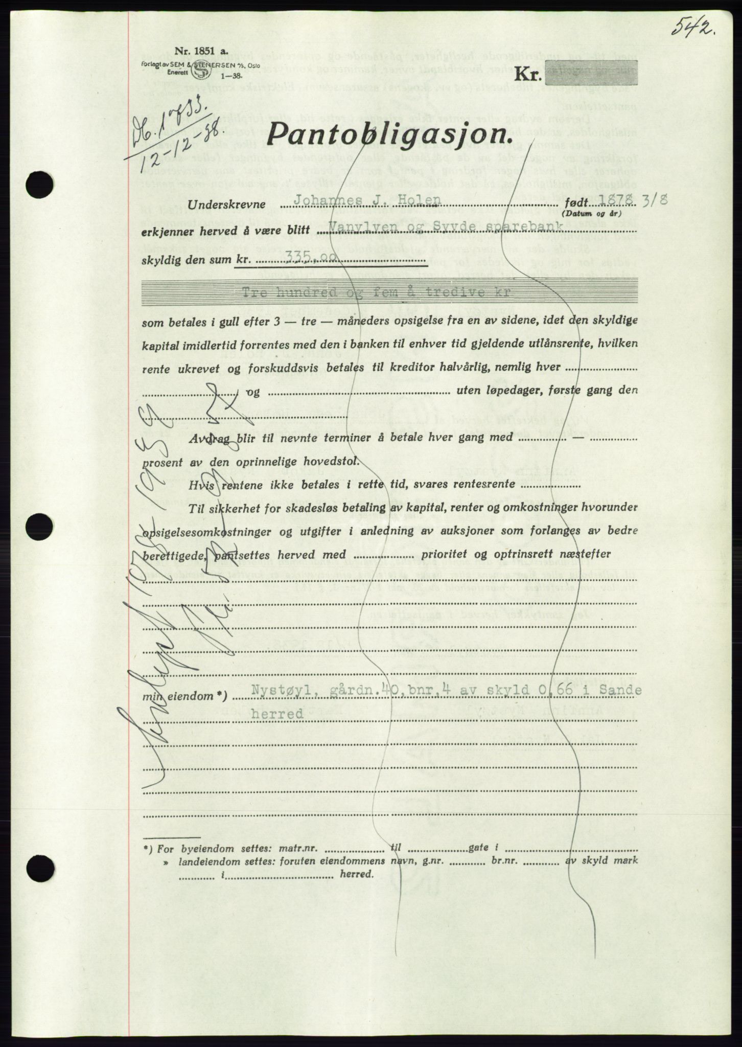 Søre Sunnmøre sorenskriveri, AV/SAT-A-4122/1/2/2C/L0066: Mortgage book no. 60, 1938-1938, Diary no: : 1733/1938