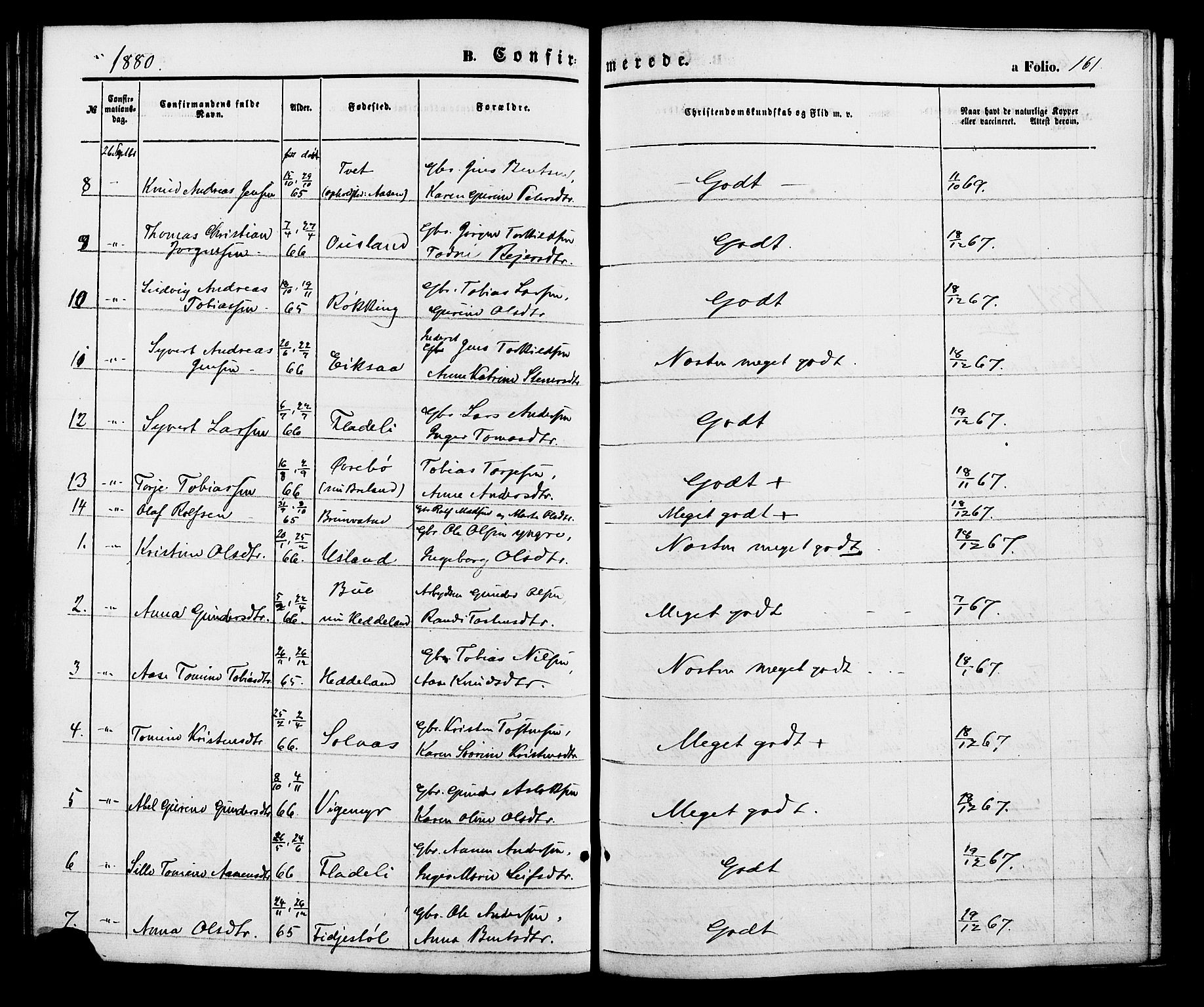 Holum sokneprestkontor, AV/SAK-1111-0022/F/Fa/Fac/L0003: Parish register (official) no. A 3, 1860-1883, p. 161