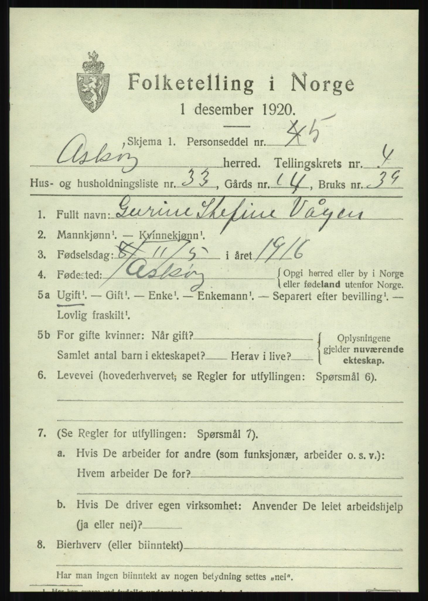 SAB, 1920 census for Askøy, 1920, p. 8040