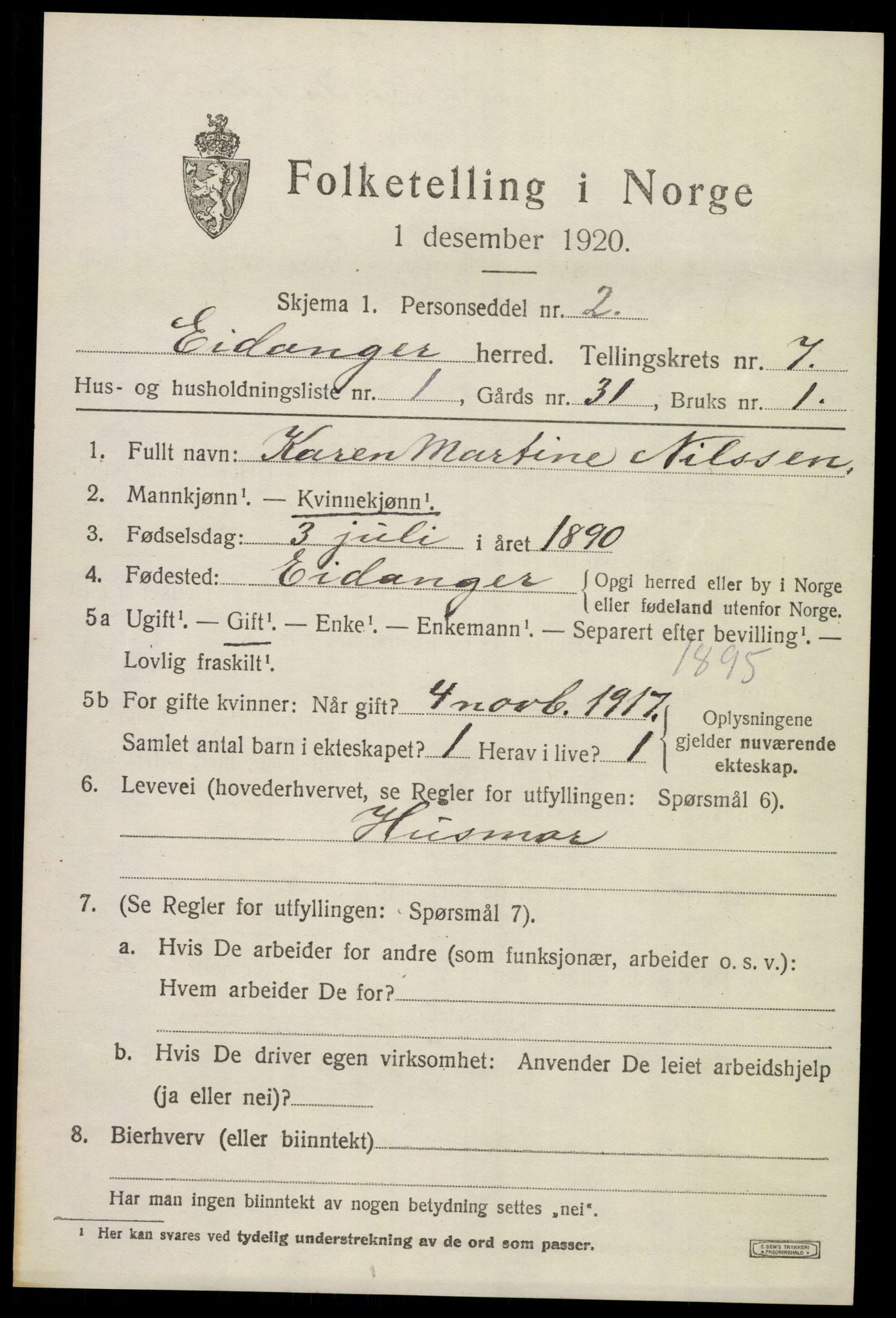 SAKO, 1920 census for Eidanger, 1920, p. 5268