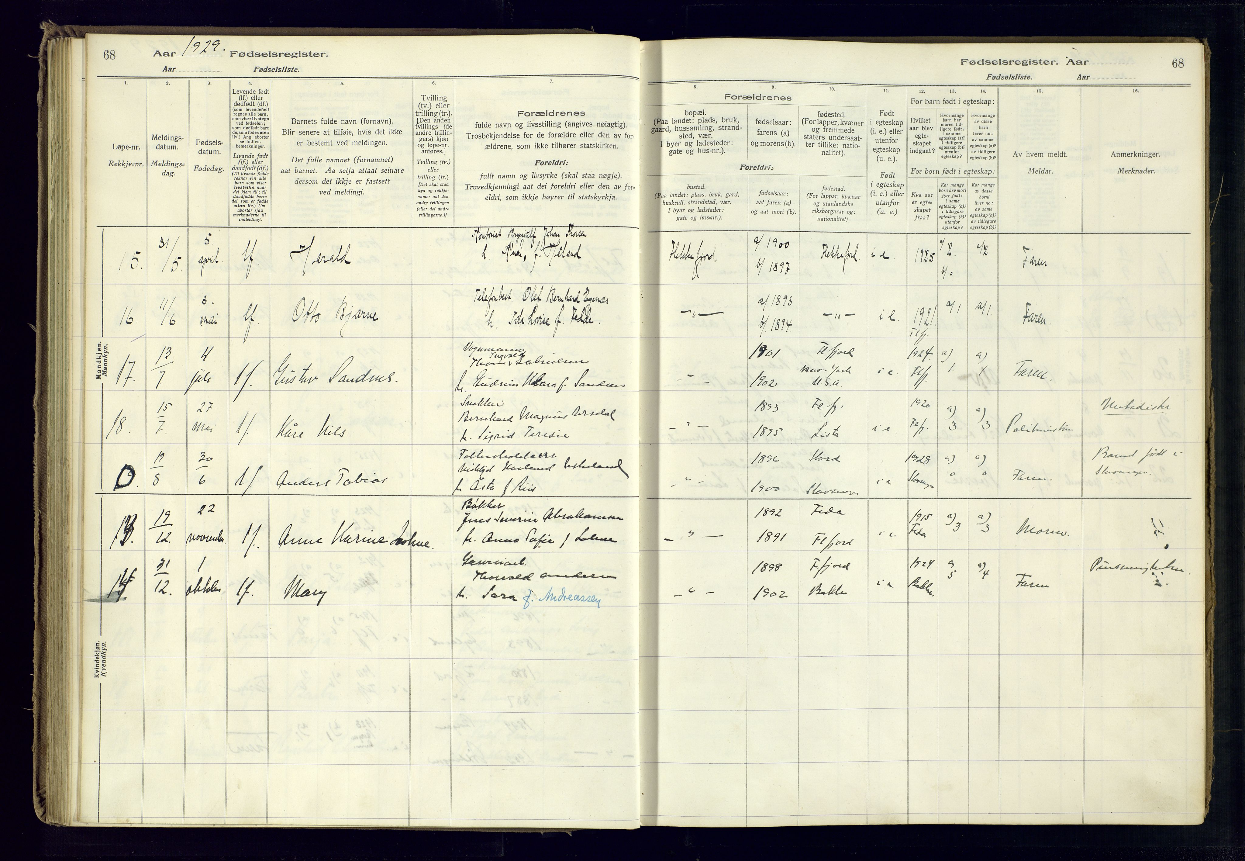 Flekkefjord sokneprestkontor, AV/SAK-1111-0012/J/Ja/L0001: Birth register no. 1, 1916-1948, p. 68
