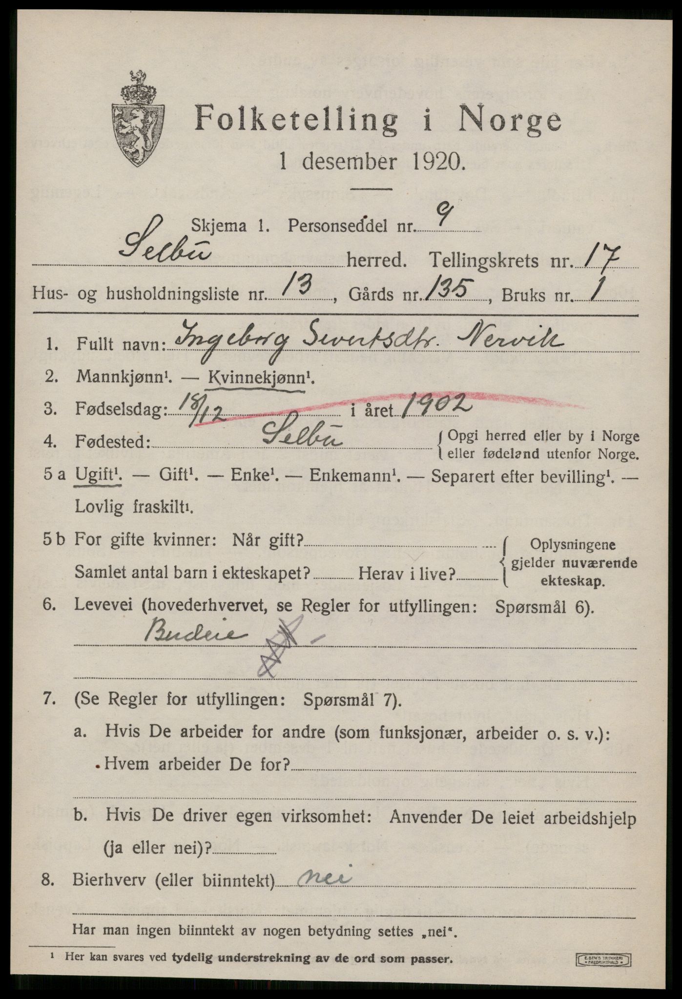 SAT, 1920 census for Selbu, 1920, p. 9050