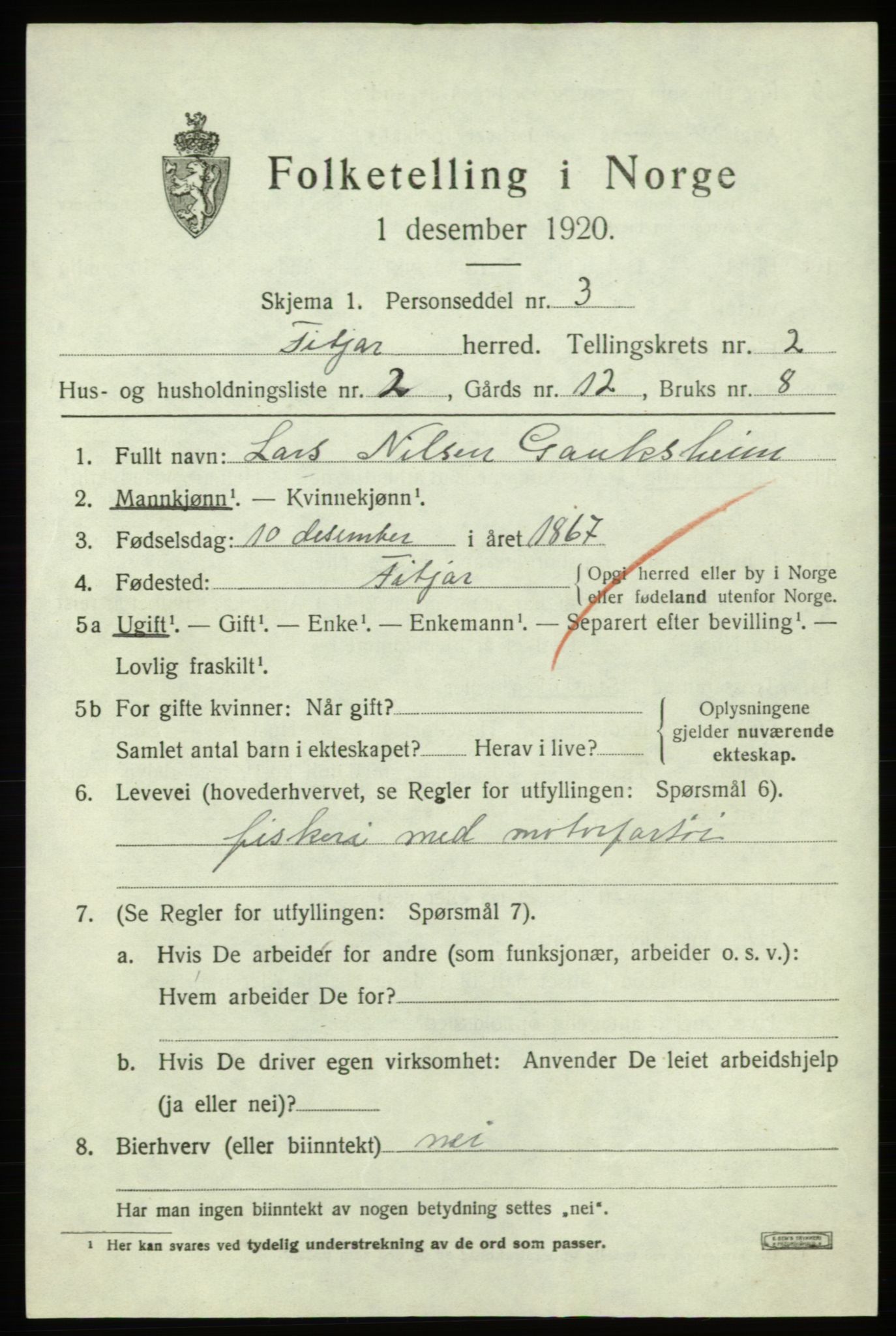 SAB, 1920 census for Fitjar, 1920, p. 1582