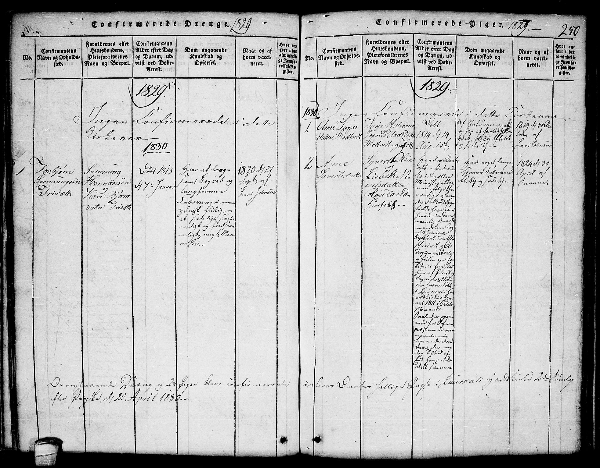 Lårdal kirkebøker, SAKO/A-284/G/Ga/L0001: Parish register (copy) no. I 1, 1815-1861, p. 250