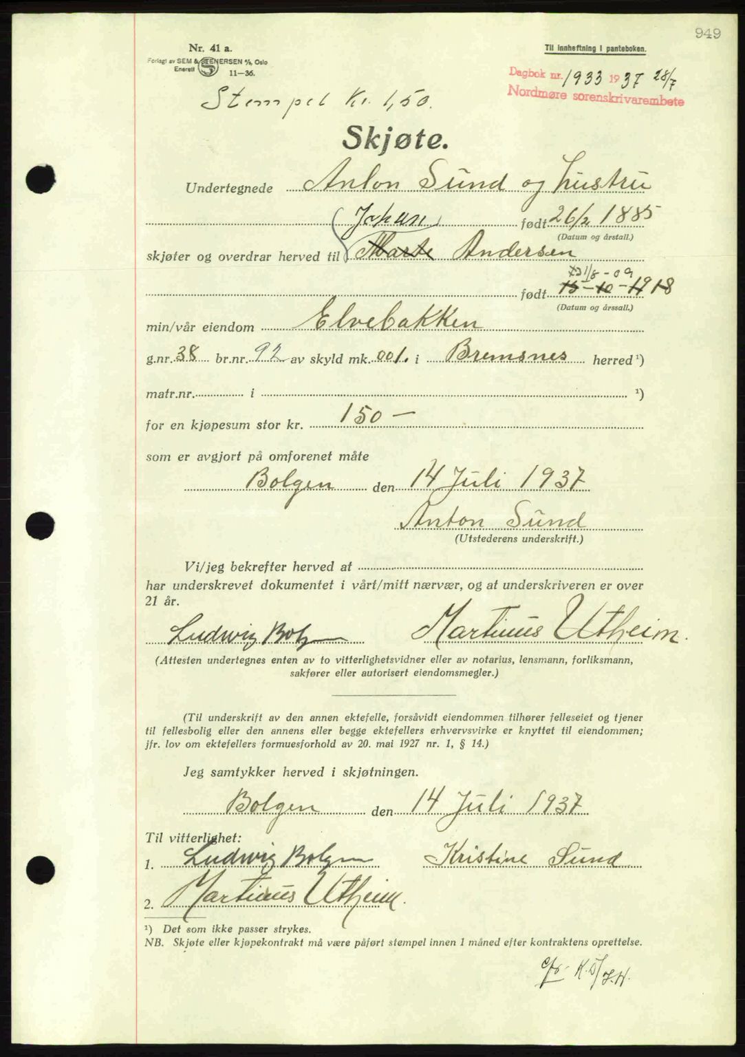 Nordmøre sorenskriveri, AV/SAT-A-4132/1/2/2Ca: Mortgage book no. A81, 1937-1937, Diary no: : 1933/1937