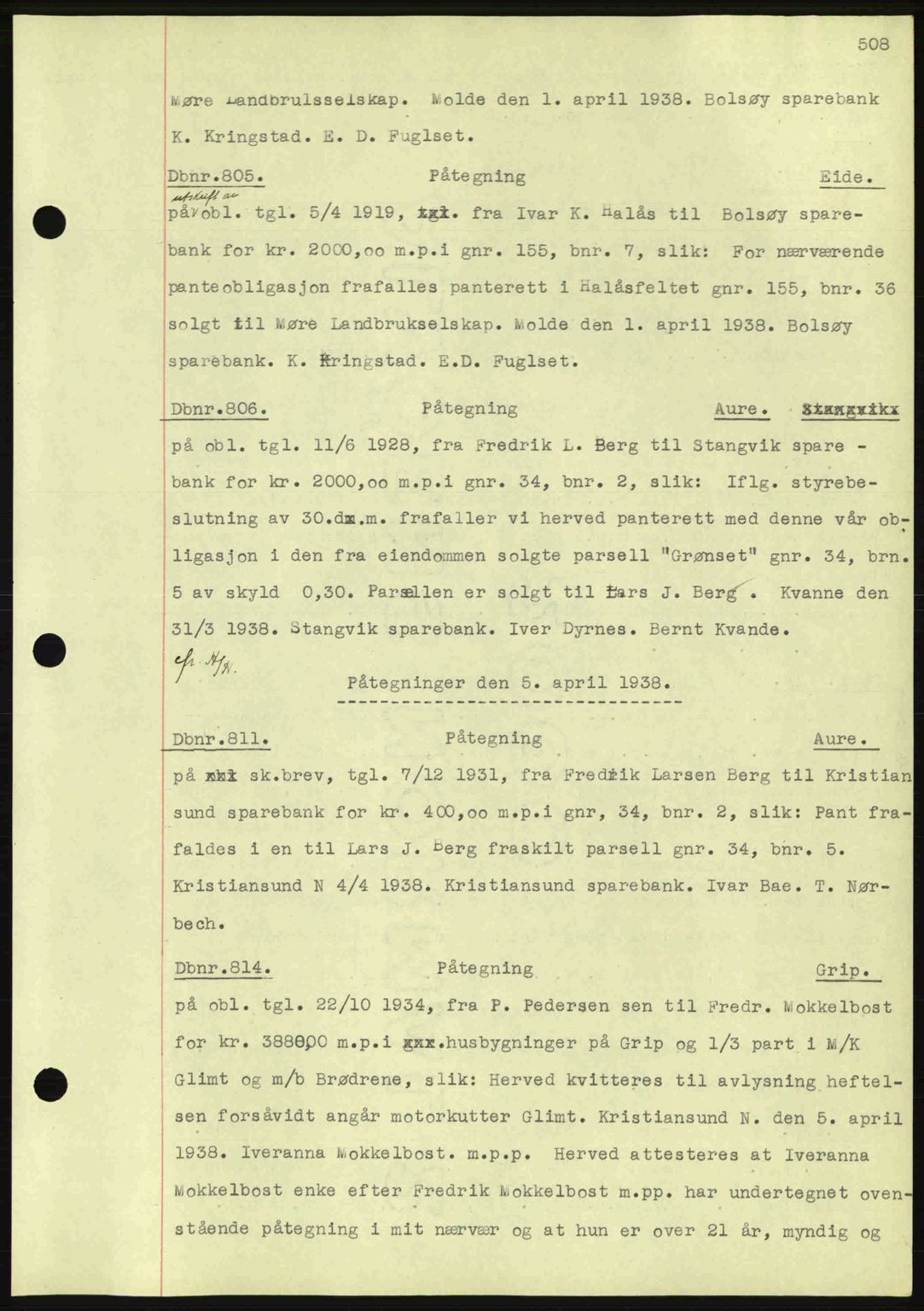 Nordmøre sorenskriveri, AV/SAT-A-4132/1/2/2Ca: Mortgage book no. C80, 1936-1939, Diary no: : 805/1938