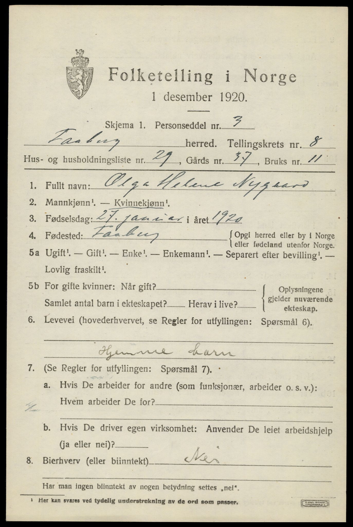 SAH, 1920 census for Fåberg, 1920, p. 9528