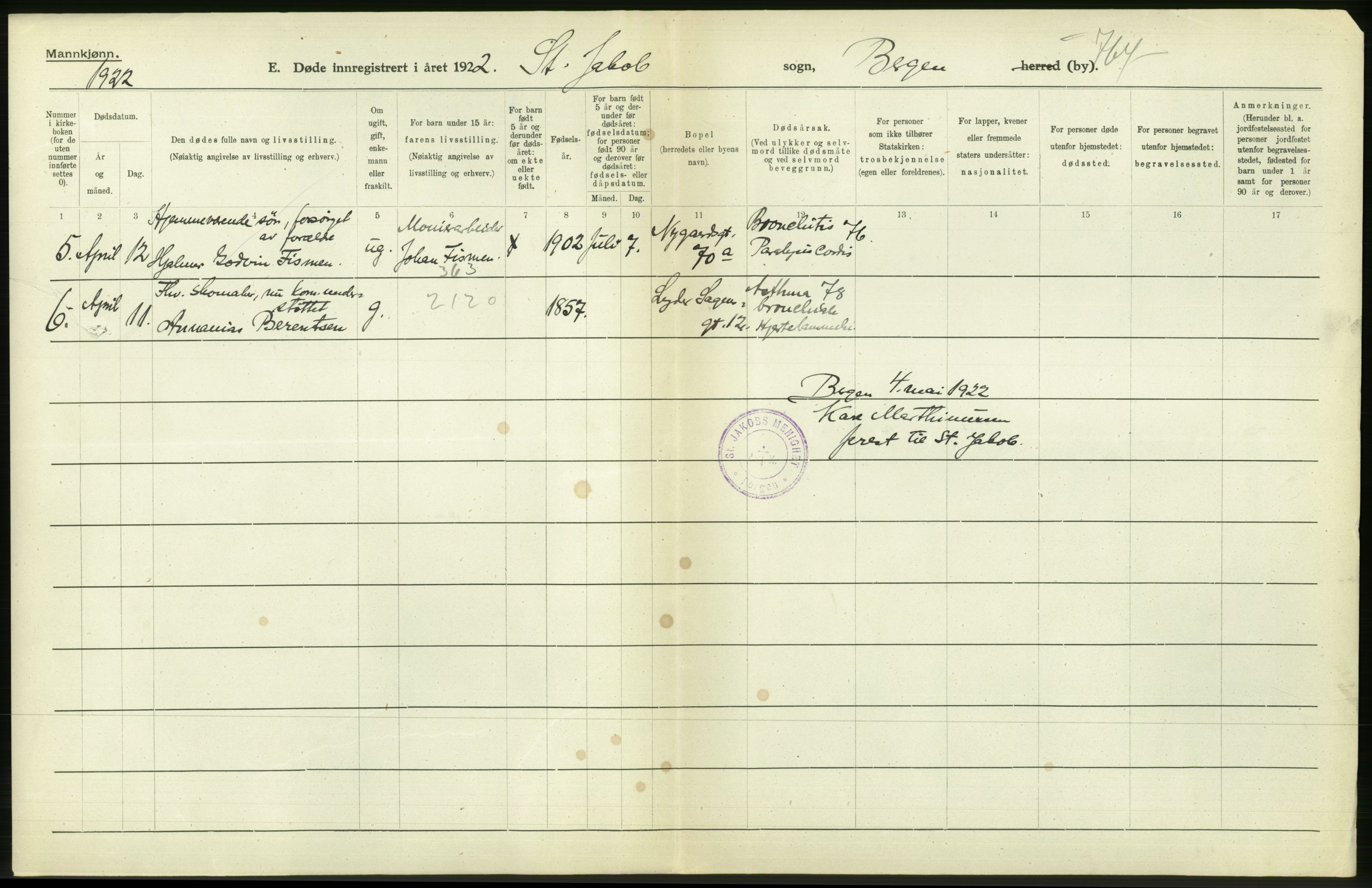 Statistisk sentralbyrå, Sosiodemografiske emner, Befolkning, AV/RA-S-2228/D/Df/Dfc/Dfcb/L0030: Bergen: Gifte, døde, dødfødte., 1922, p. 446