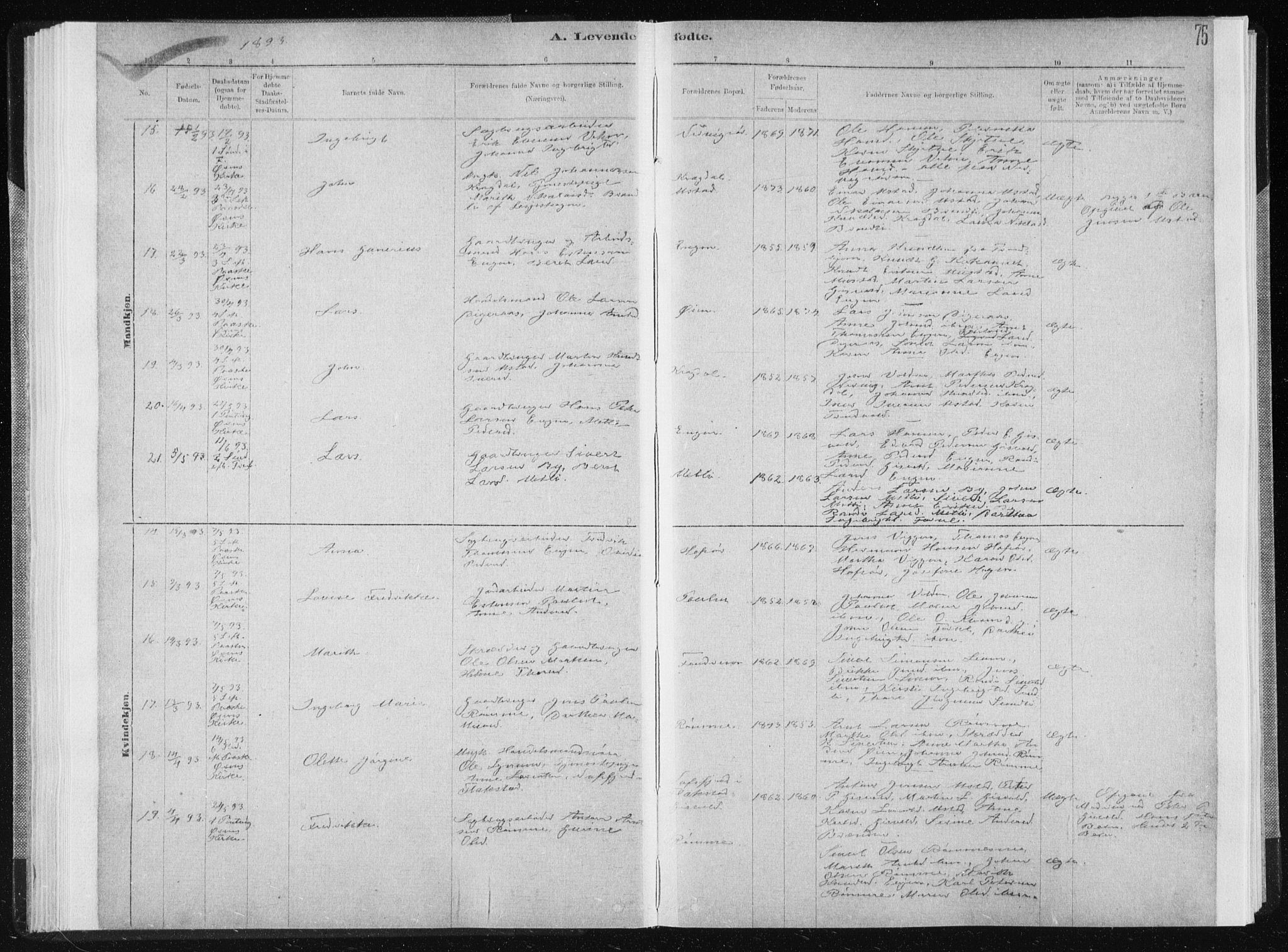 Ministerialprotokoller, klokkerbøker og fødselsregistre - Sør-Trøndelag, AV/SAT-A-1456/668/L0818: Parish register (copy) no. 668C07, 1885-1898, p. 75