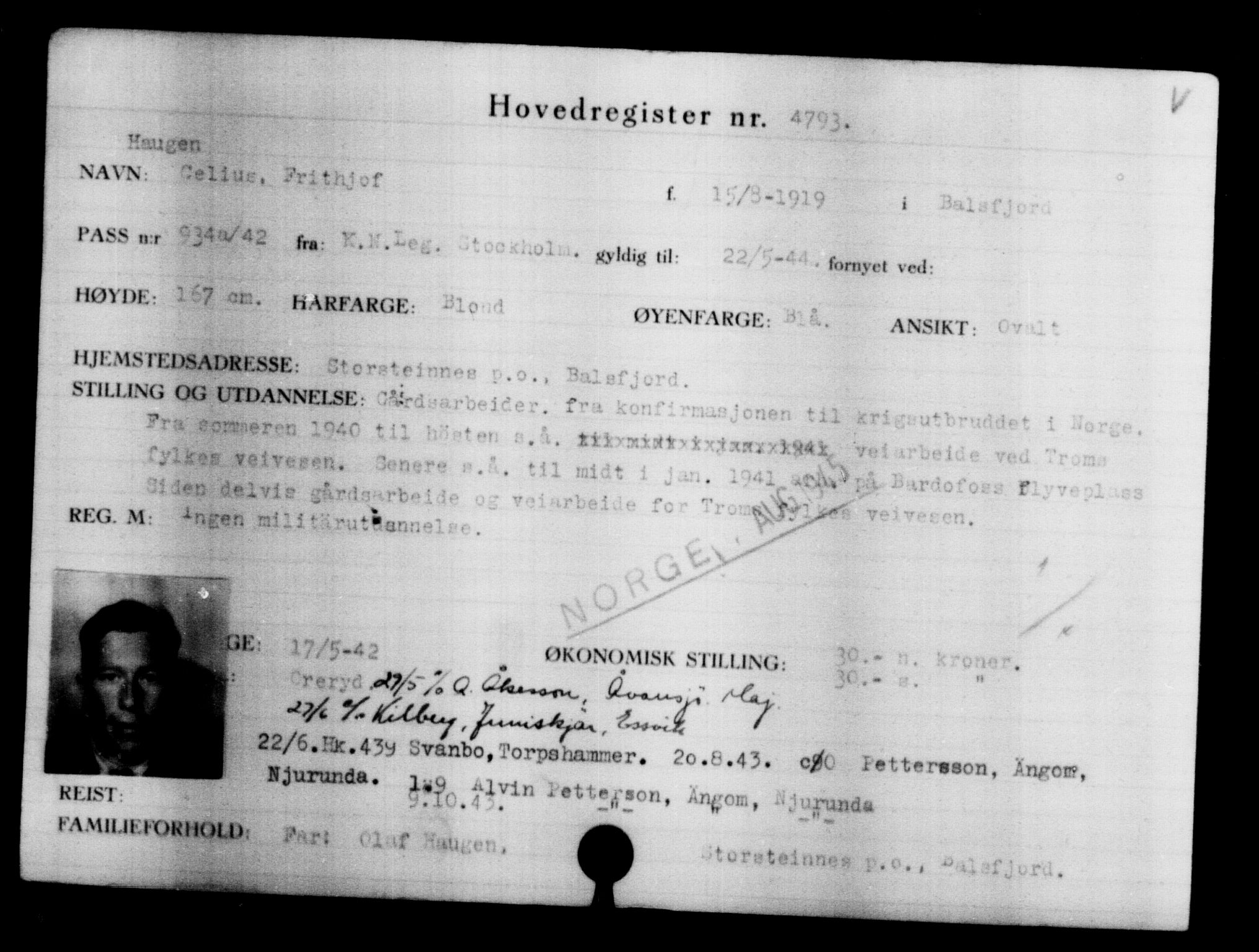 Utenriksstasjonene, Legasjonen i Stockholm, Flyktningkontoret, AV/RA-S-6753/V/Va/L0004: Kjesäterkartoteket, flyktninger med registreringsnr. 3496-6610, 1940-1945, p. 1534