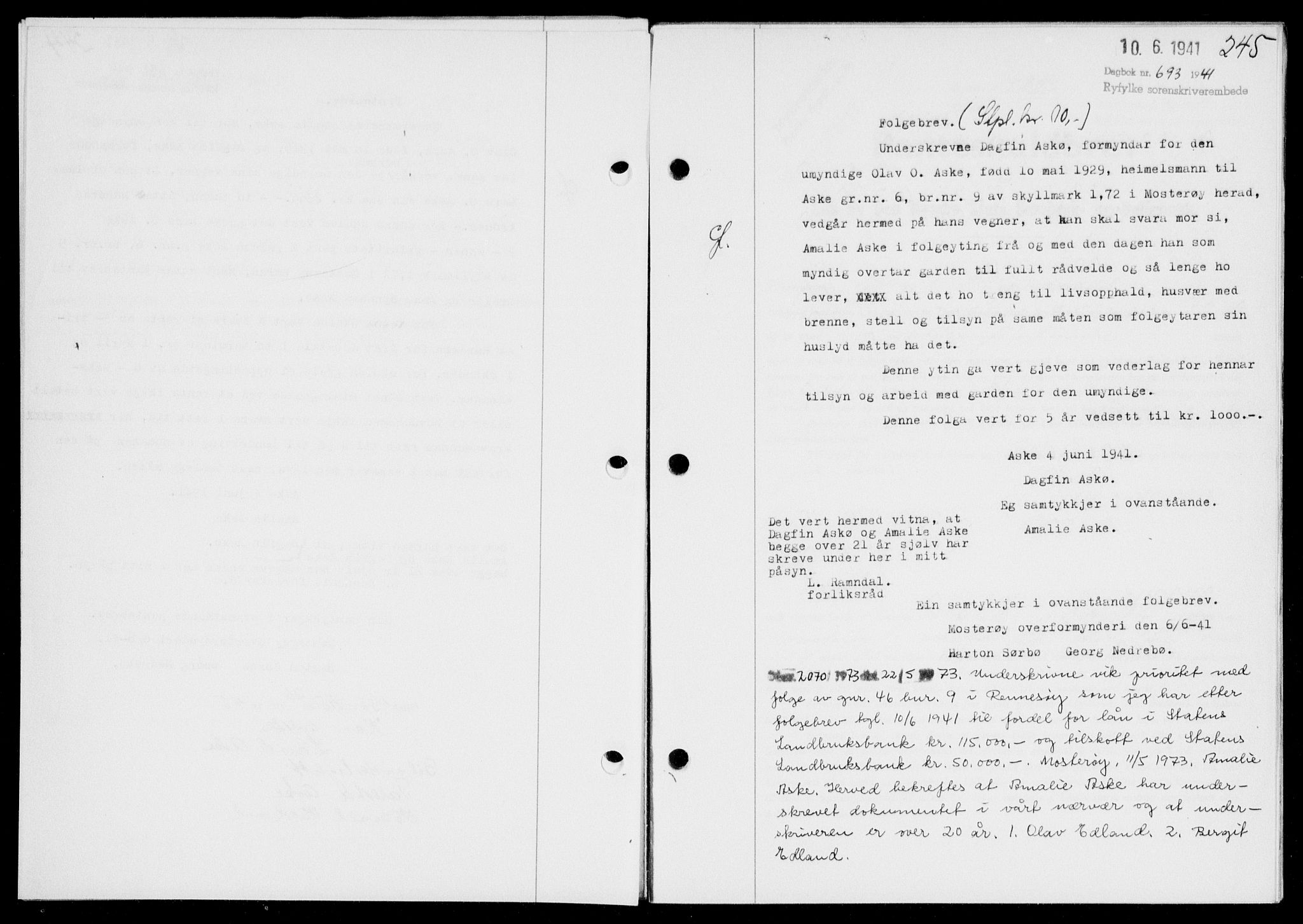 Ryfylke tingrett, SAST/A-100055/001/II/IIB/L0083: Mortgage book no. 62, 1941-1941, Diary no: : 693/1941