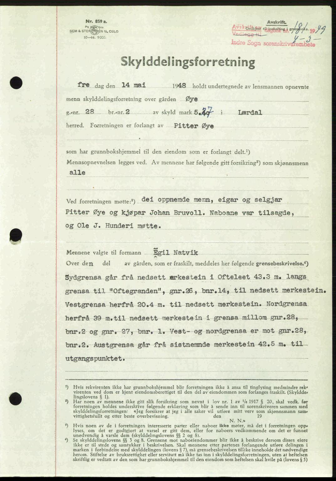 Indre Sogn tingrett, SAB/A-3301/1/G/Gb/Gbb/L0010: Mortgage book no. A10, 1949-1949, Diary no: : 181/1949