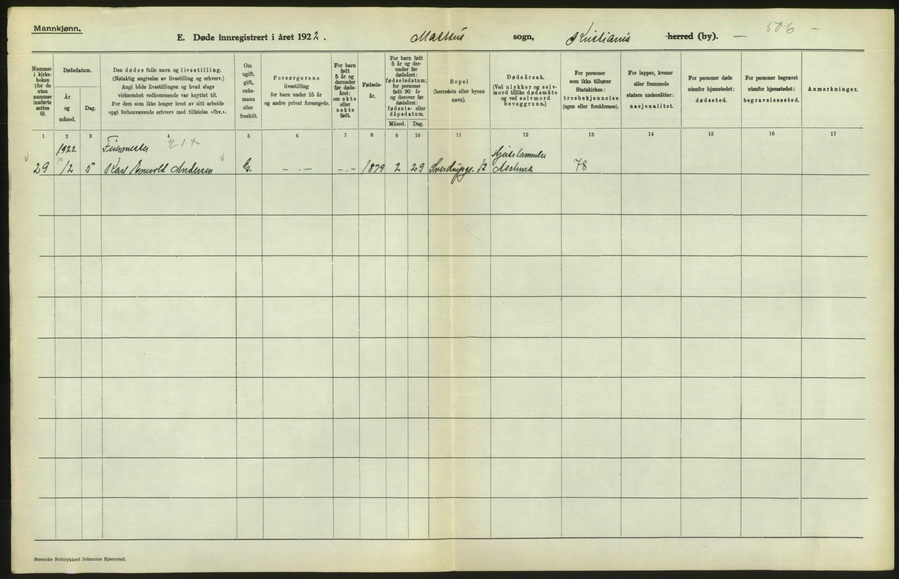 Statistisk sentralbyrå, Sosiodemografiske emner, Befolkning, AV/RA-S-2228/D/Df/Dfc/Dfcb/L0010: Kristiania: Døde, dødfødte, 1922, p. 174