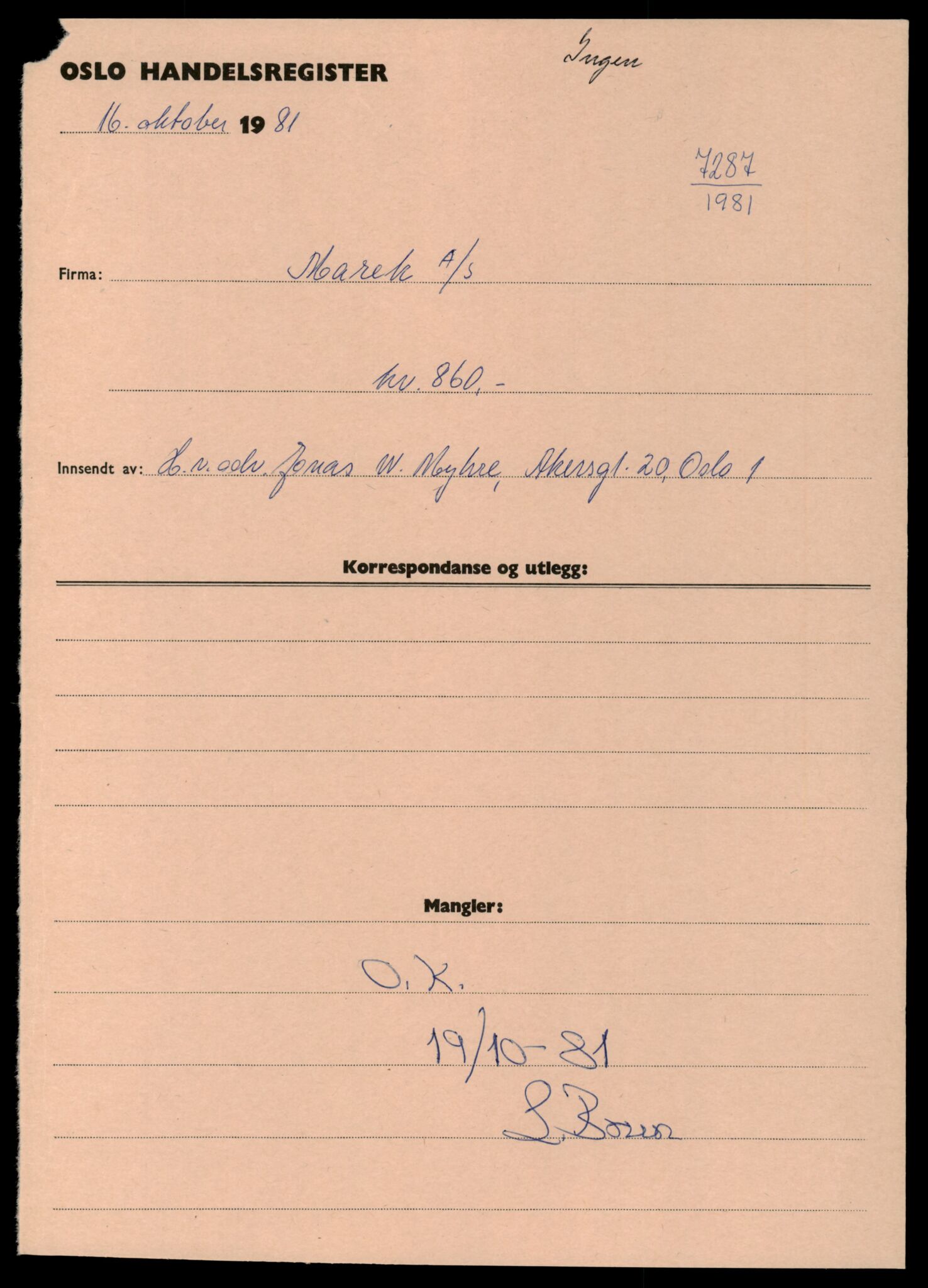 Oslo byfogd, Handelsregisteret, SAT/A-10867/G/Gc/Gca/L0497: Ikke konverterte foretak, Mare-Maridad, 1890-1990, p. 1
