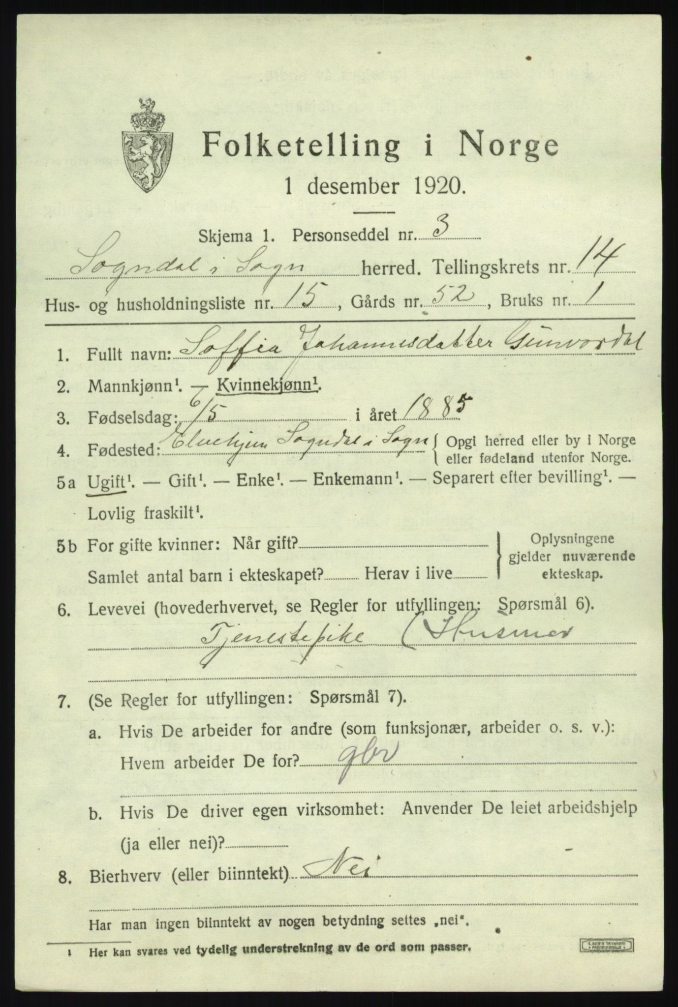 SAB, 1920 census for Sogndal, 1920, p. 5789