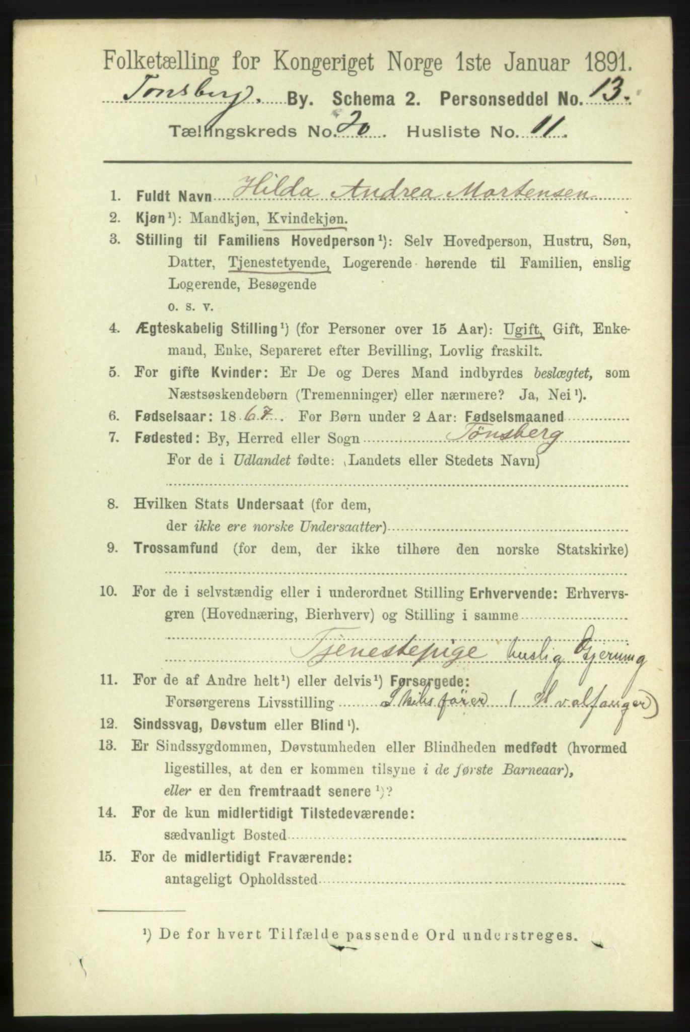 RA, 1891 census for 0705 Tønsberg, 1891, p. 5569