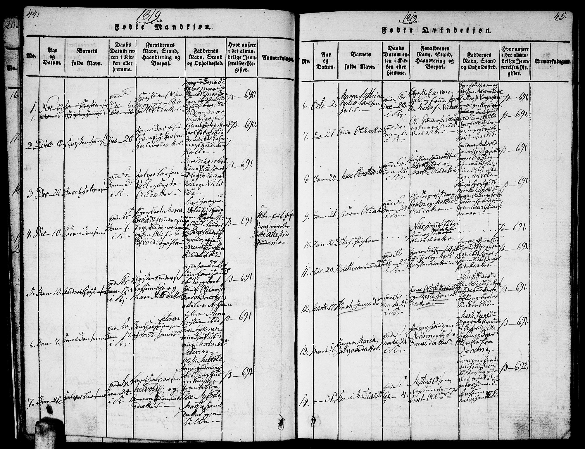 Sørum prestekontor Kirkebøker, SAO/A-10303/G/Ga/L0001: Parish register (copy) no. I 1, 1814-1829, p. 44-45