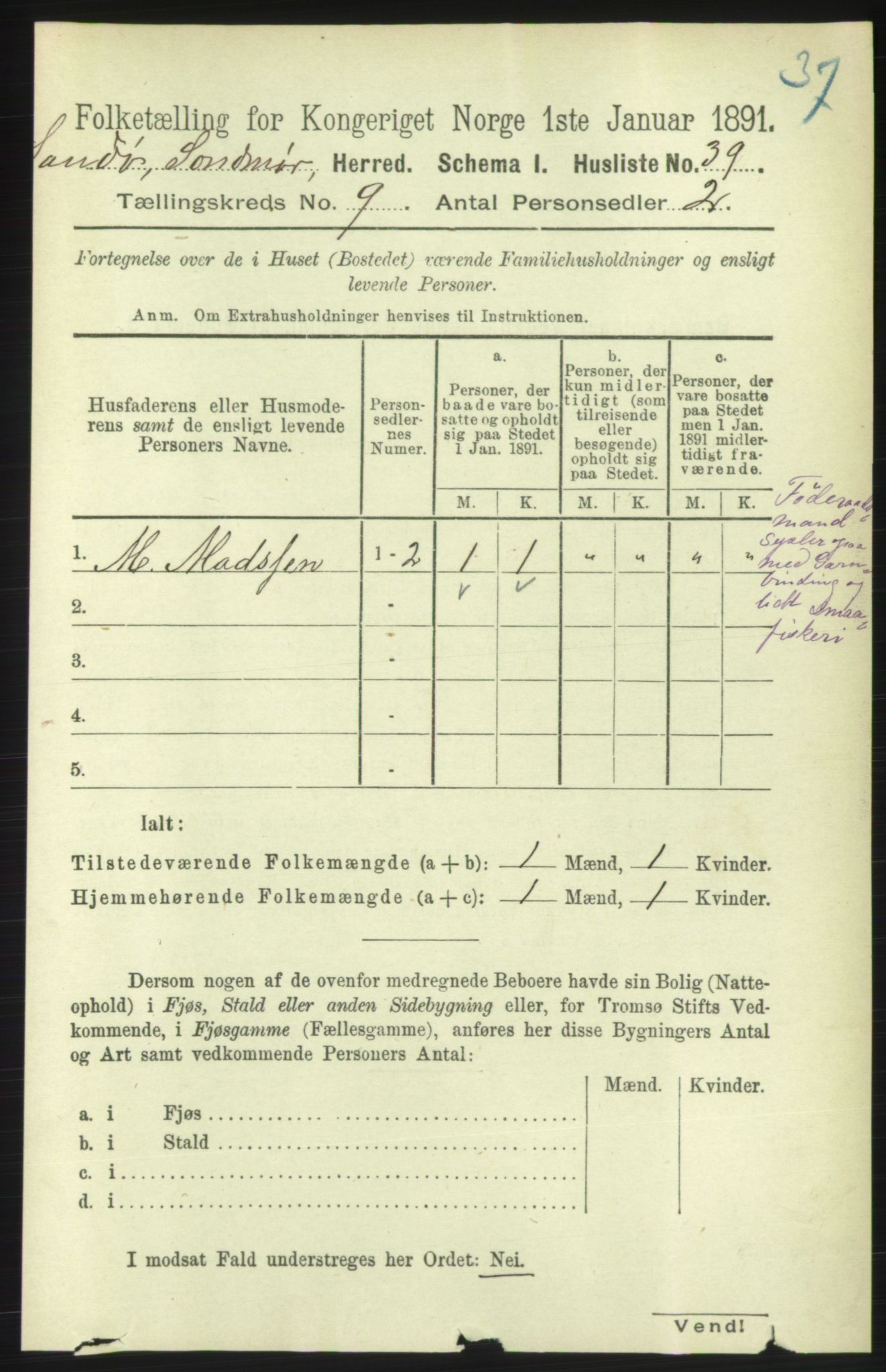 RA, 1891 census for 1514 Sande, 1891, p. 1485