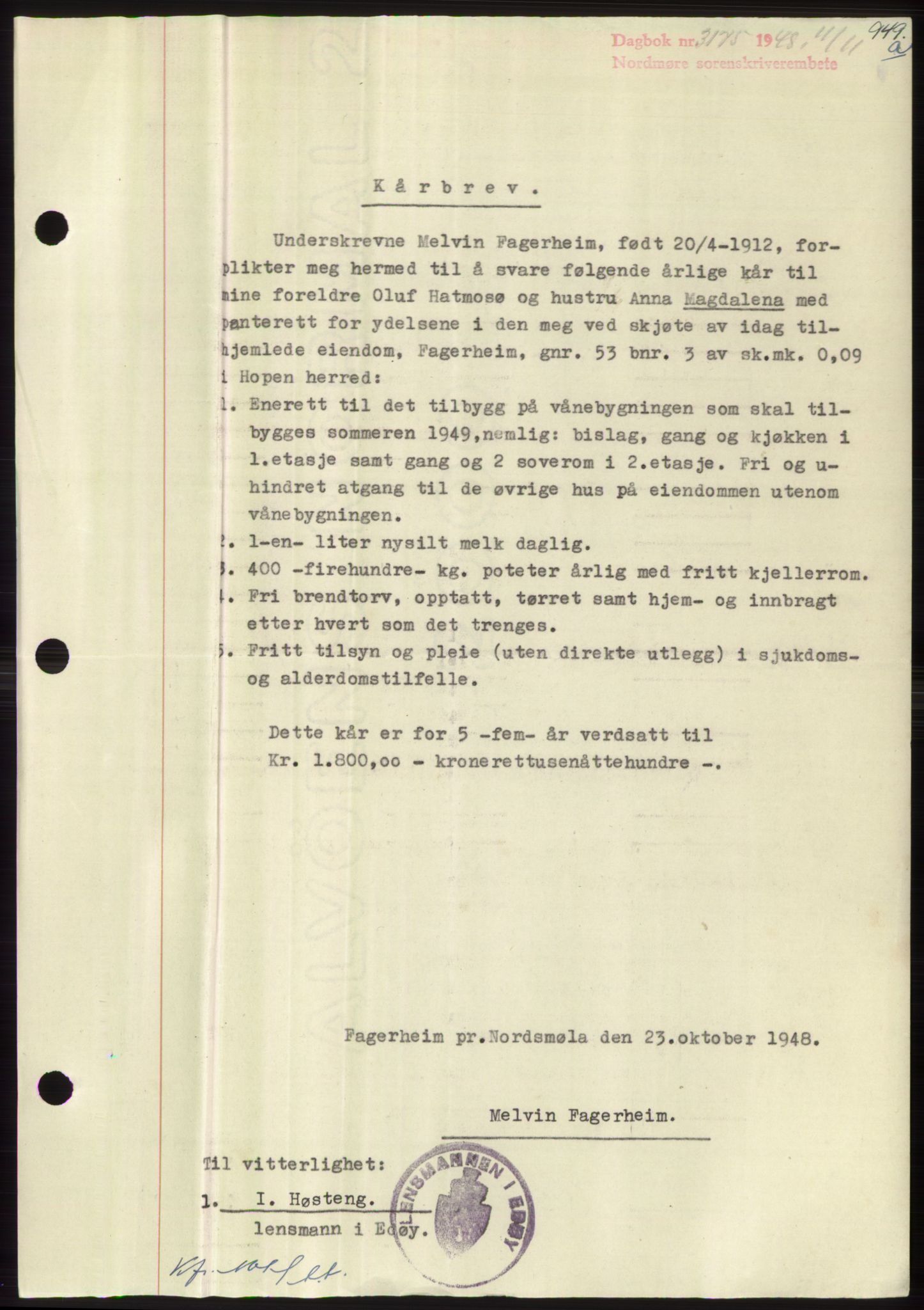 Nordmøre sorenskriveri, AV/SAT-A-4132/1/2/2Ca: Mortgage book no. B99, 1948-1948, Diary no: : 3175/1948