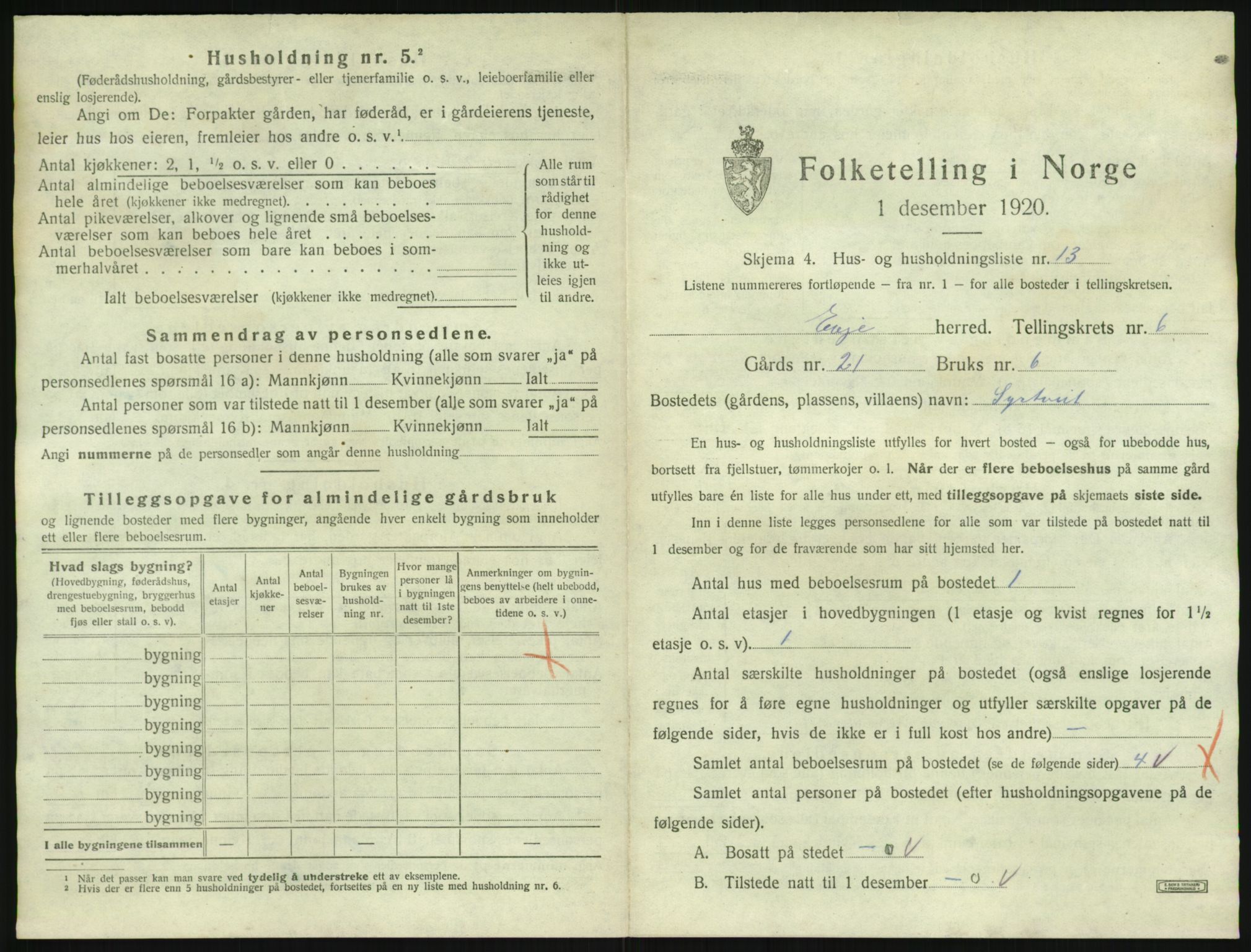 SAK, 1920 census for Evje, 1920, p. 338