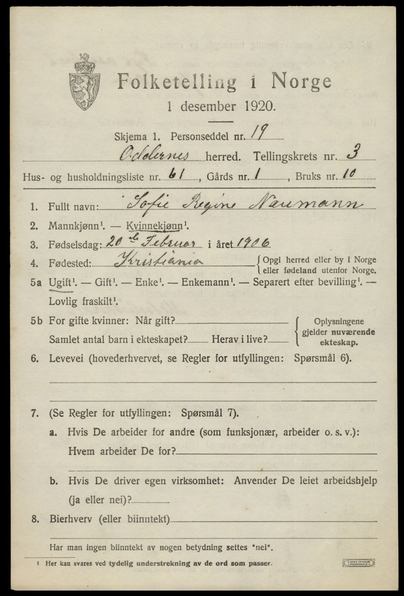 SAK, 1920 census for Oddernes, 1920, p. 4053