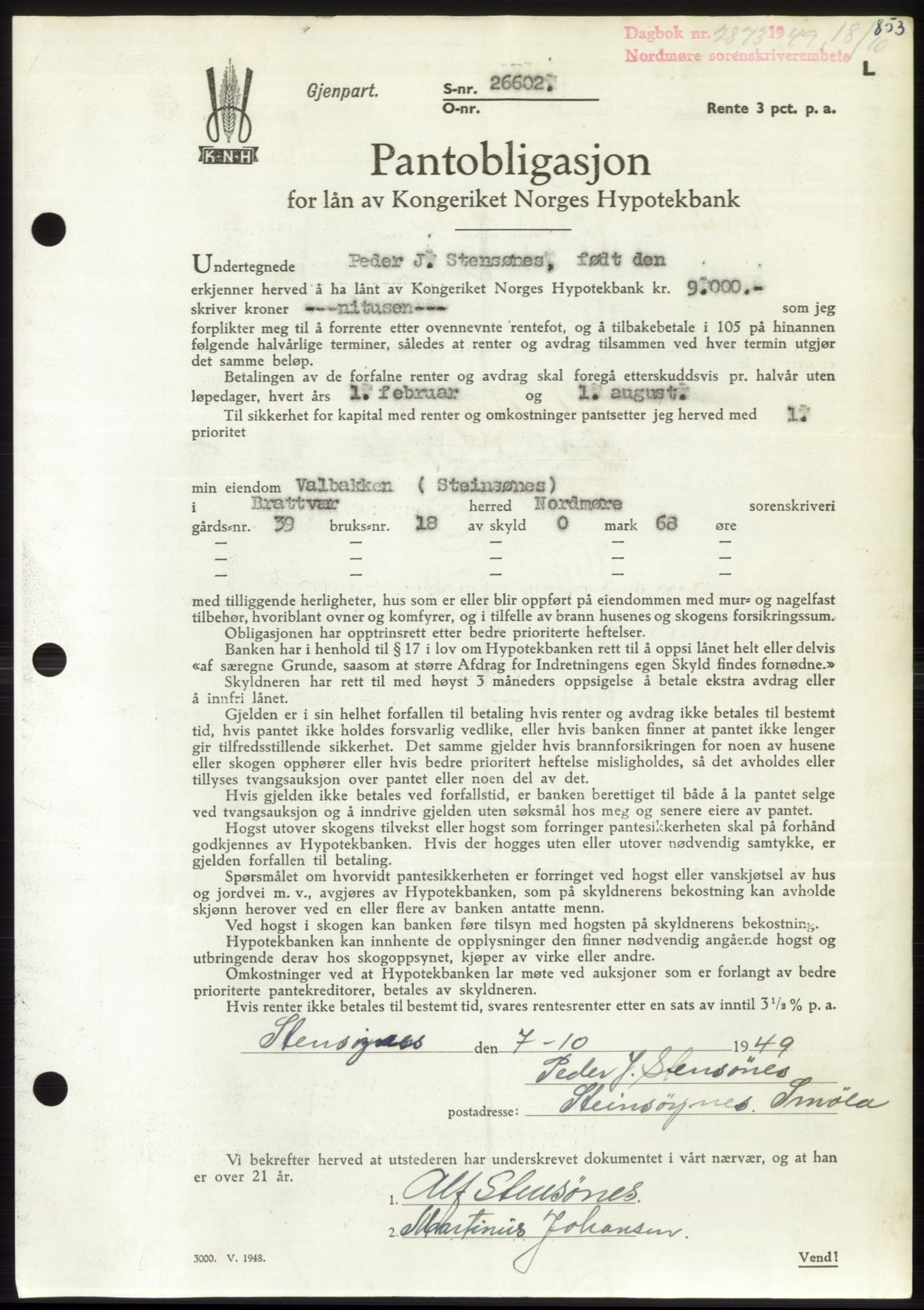 Nordmøre sorenskriveri, AV/SAT-A-4132/1/2/2Ca: Mortgage book no. B102, 1949-1949, Diary no: : 2873/1949