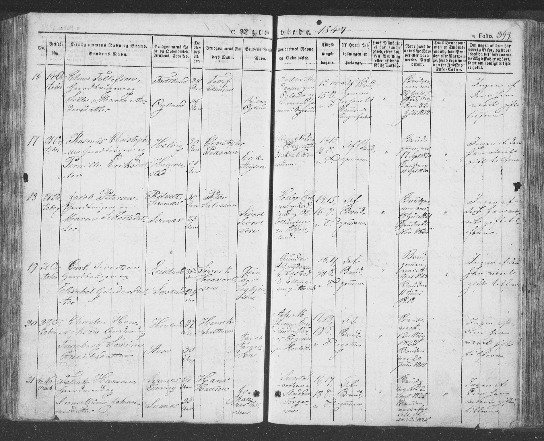 Eigersund sokneprestkontor, AV/SAST-A-101807/S08/L0009: Parish register (official) no. A 9, 1827-1850, p. 399